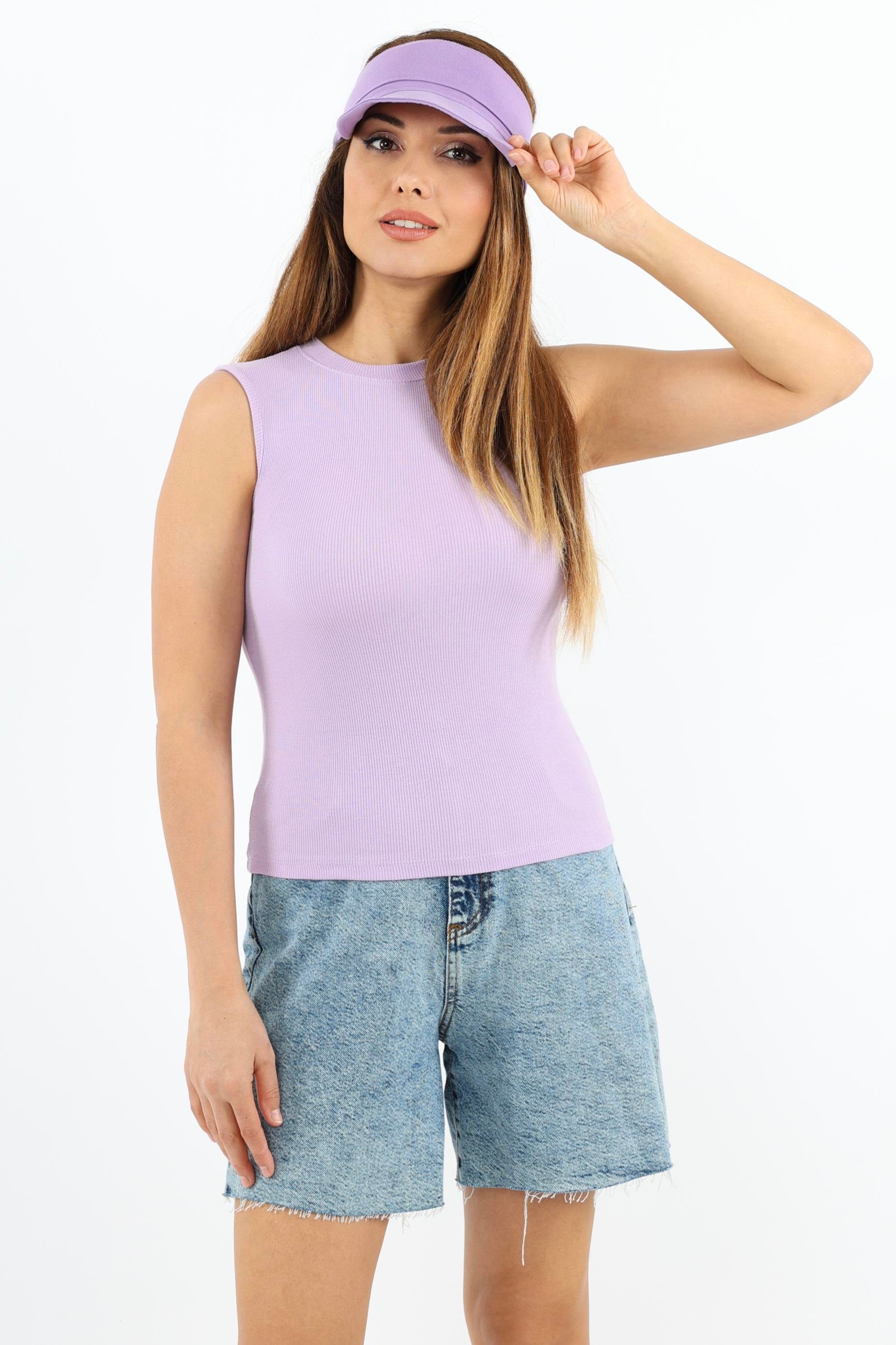 Kadın Kapalı Yaka 4’lü Pamuk Lila, Pembe, Sarı, Çağla Yeşili Düz Kol Fitilli Atlet