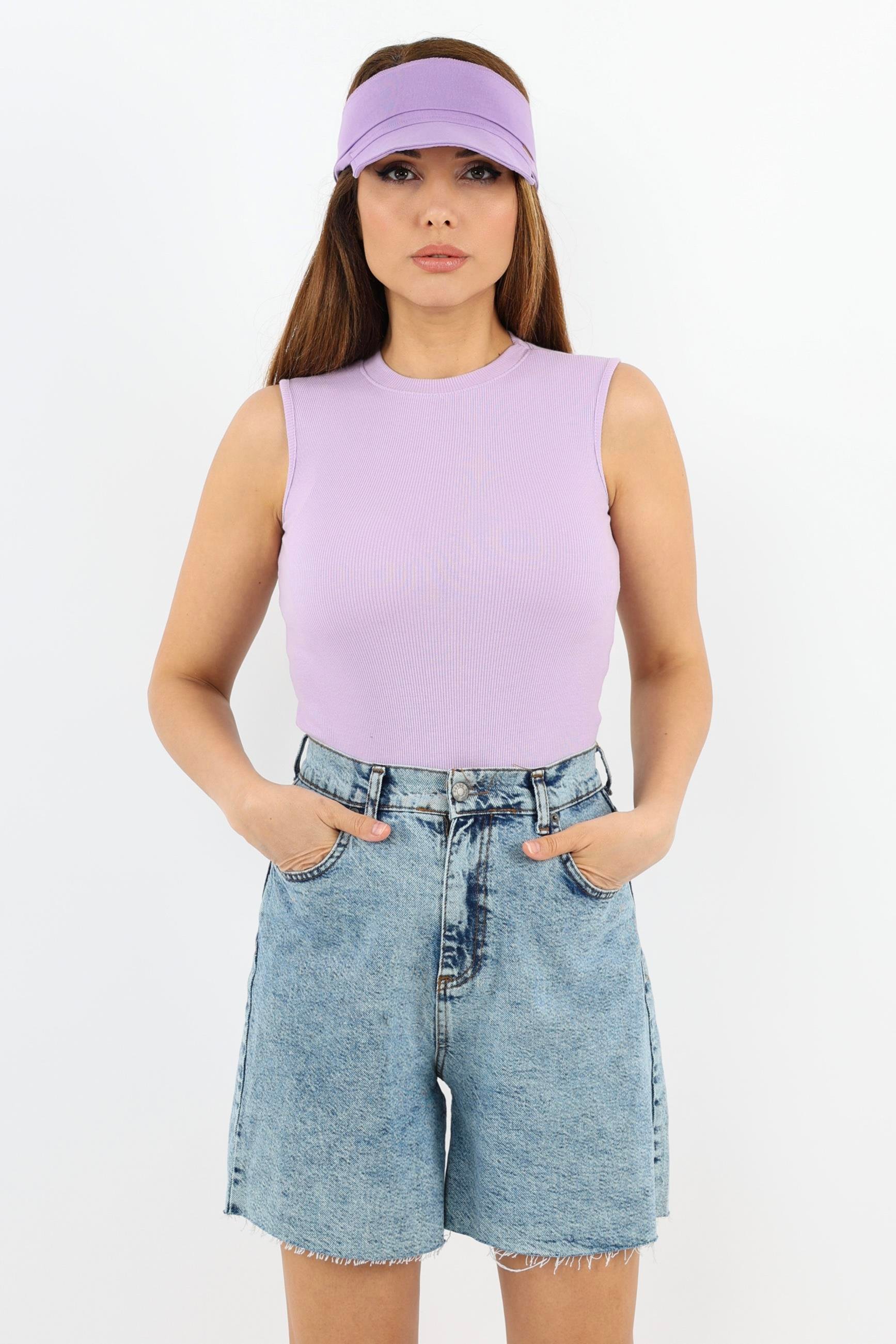 Kadın Kapalı Yaka 4’lü Pamuk Lila, Pembe, Sarı, Çağla Yeşili Düz Kol Fitilli Atlet