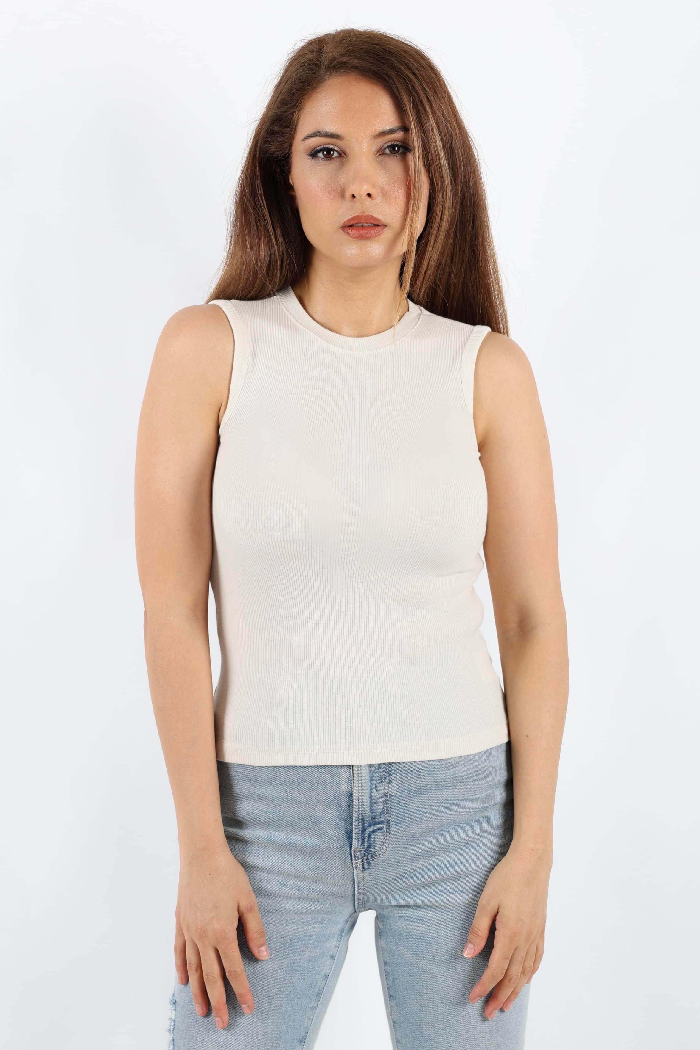 Kadın Kapalı Yaka Pamuk Krem Düz Kol Fitilli Atlet