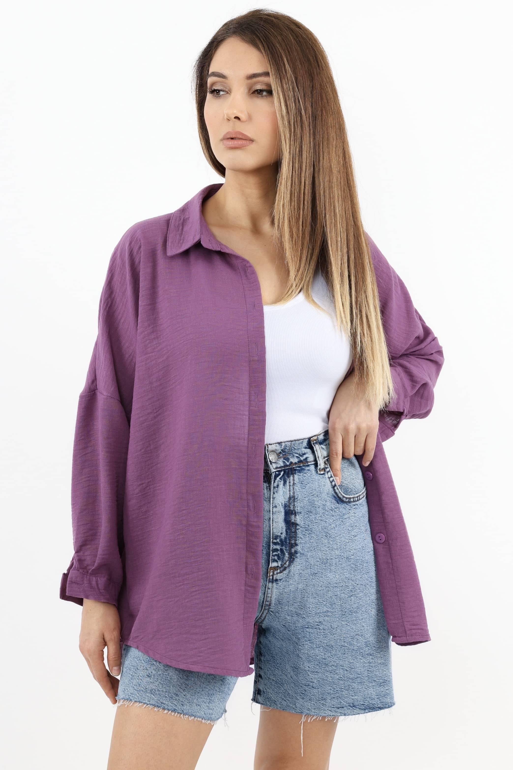 Kadın Keten Comfy Uzun Mor Gömlek