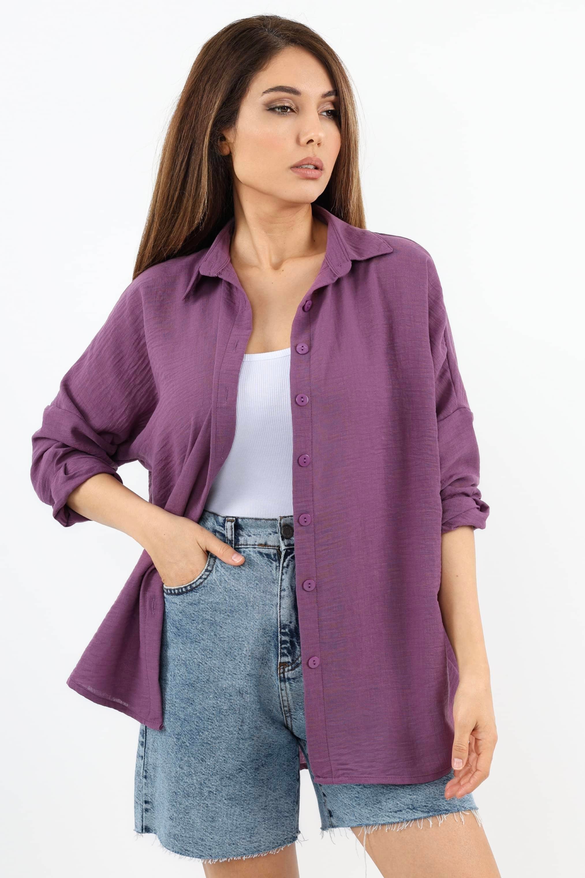 Kadın Keten Comfy Uzun Mor Gömlek