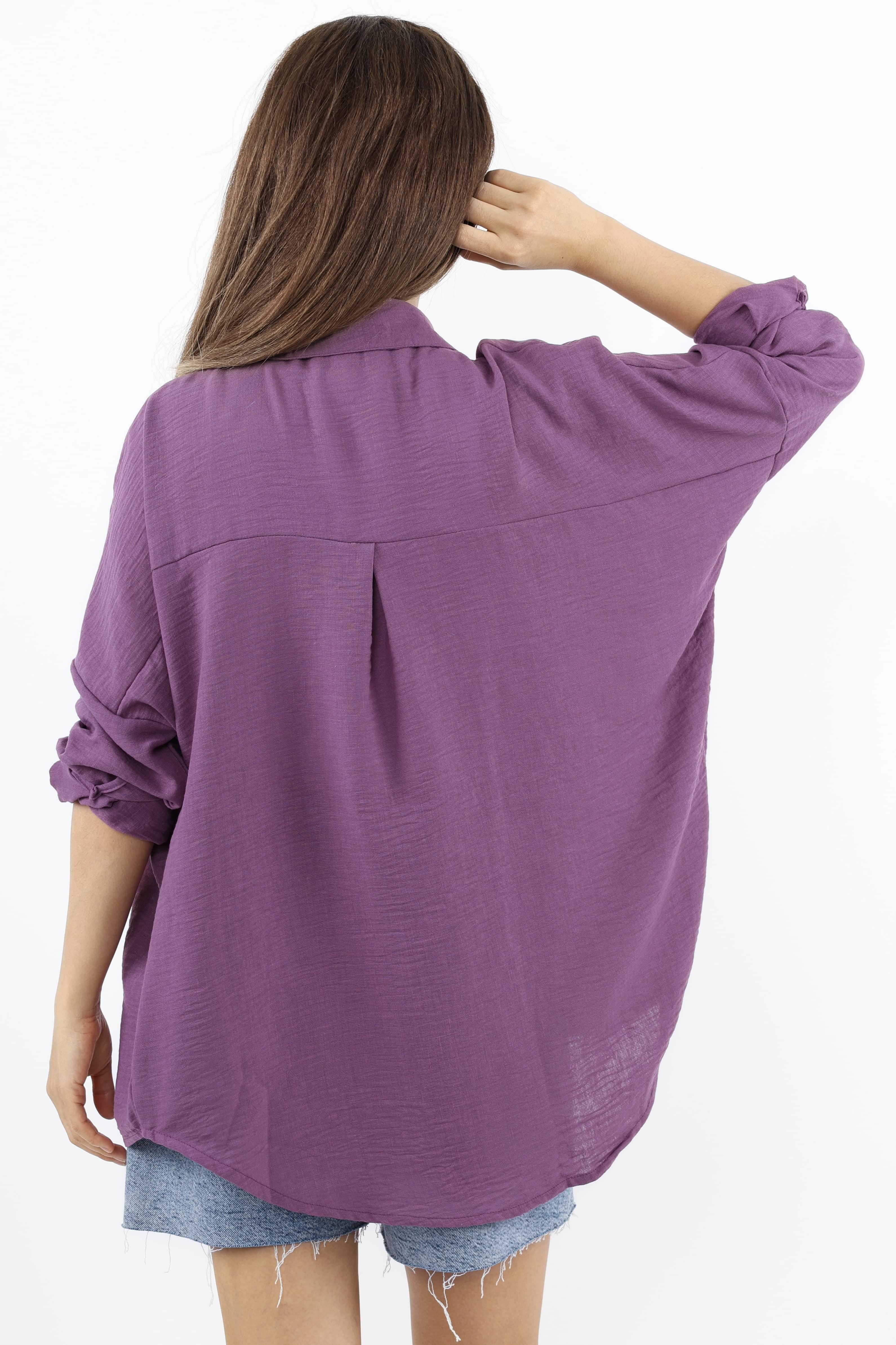 Kadın Keten Comfy Uzun Mor Gömlek