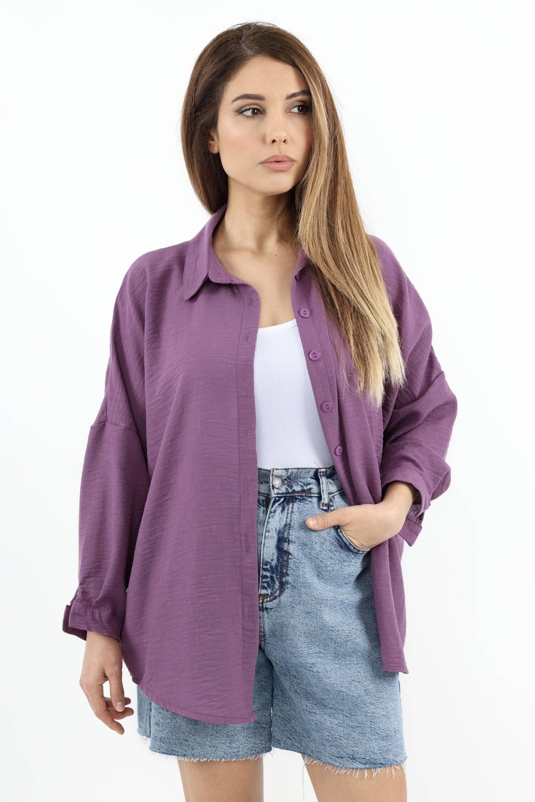 Kadın Keten Comfy Uzun Mor Gömlek