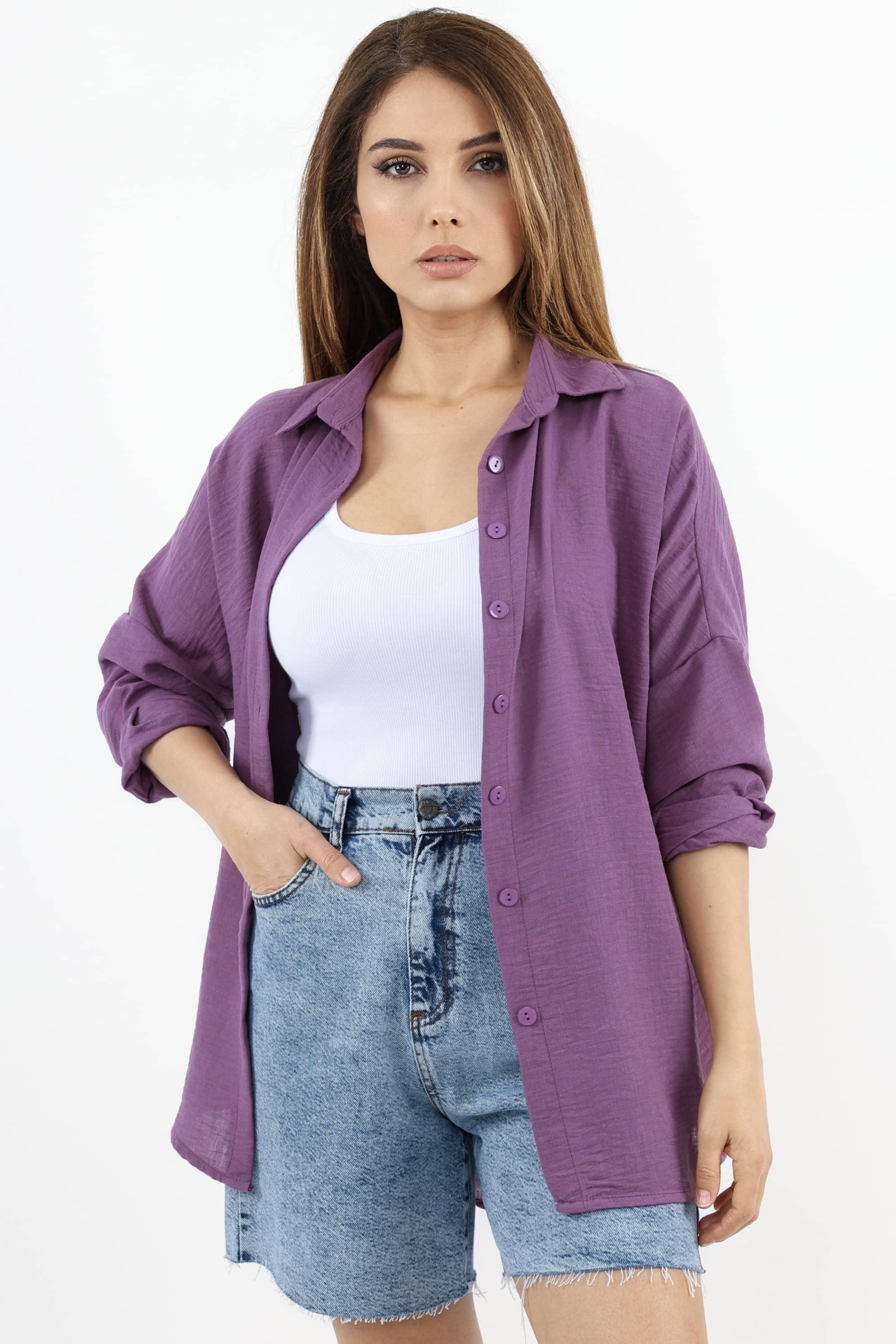 Kadın Keten Comfy Uzun Mor Gömlek