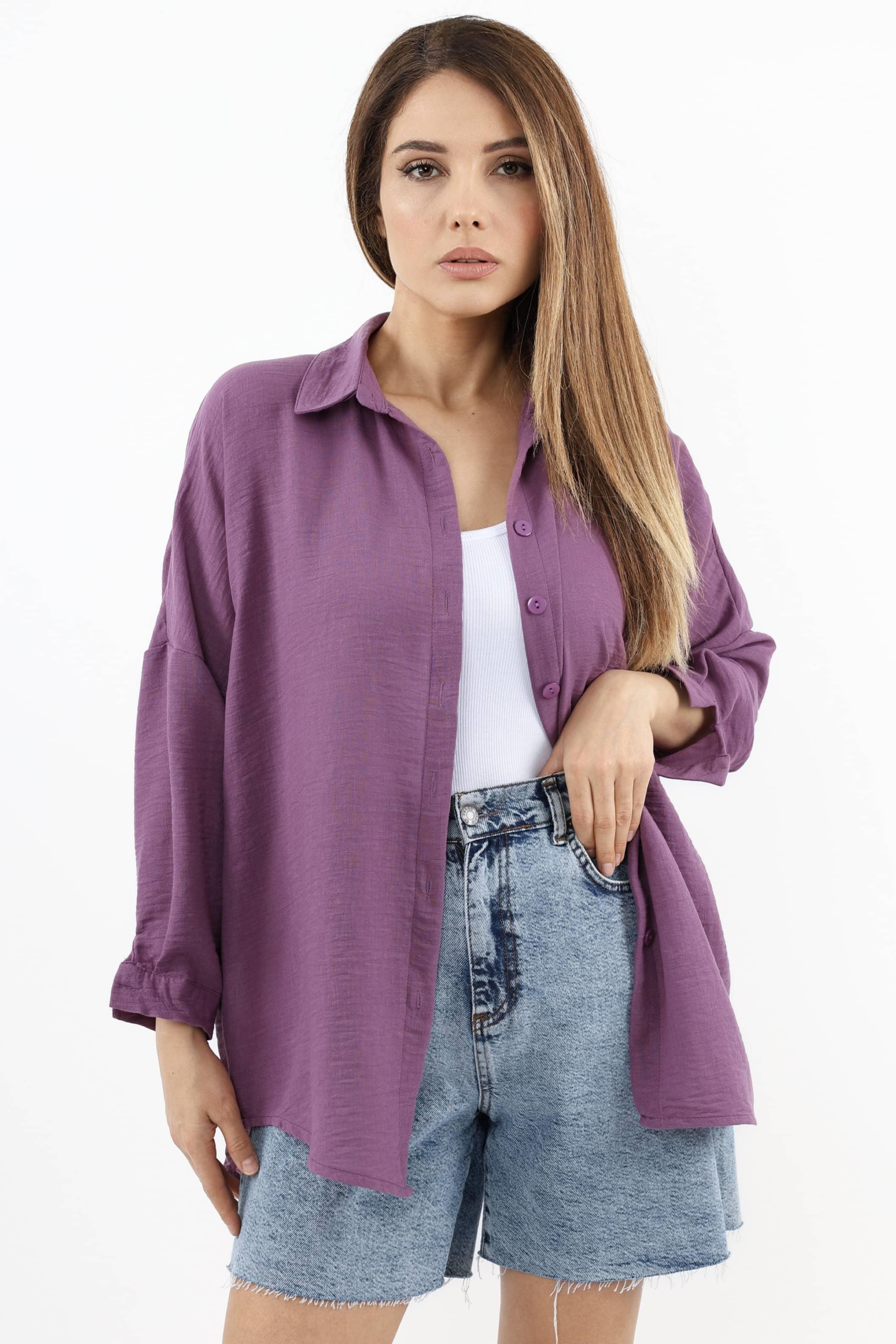 Kadın Keten Comfy Uzun Mor Gömlek