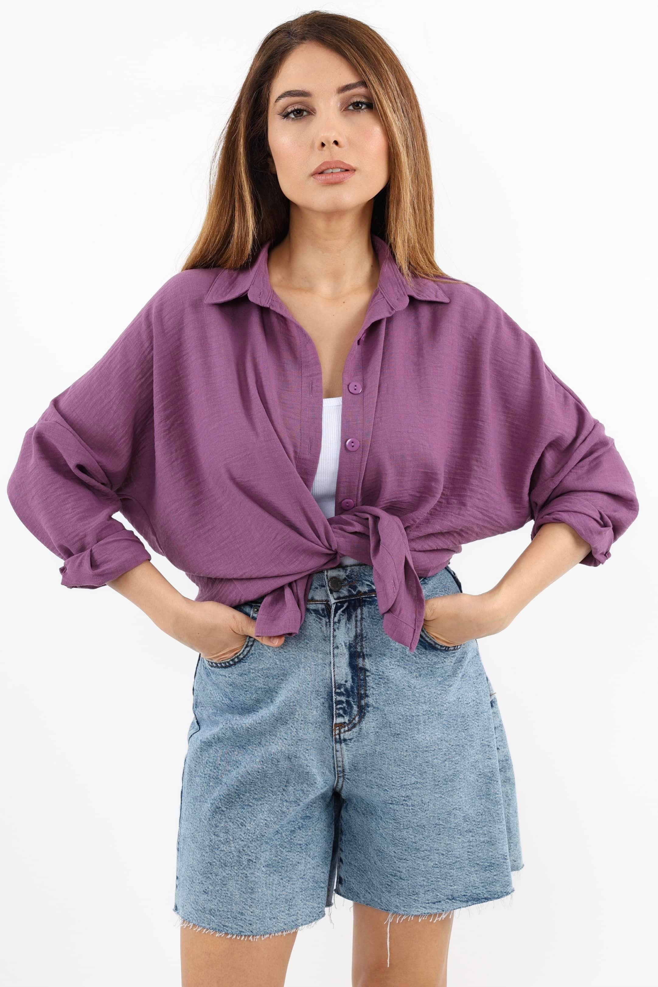 Kadın Keten Comfy Uzun Mor Gömlek