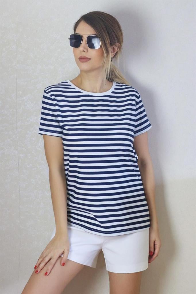 Kadın Lacivert Beyaz Çizgili Basic T-Shirt