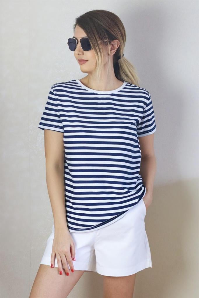 Kadın Lacivert Beyaz Çizgili Basic T-Shirt