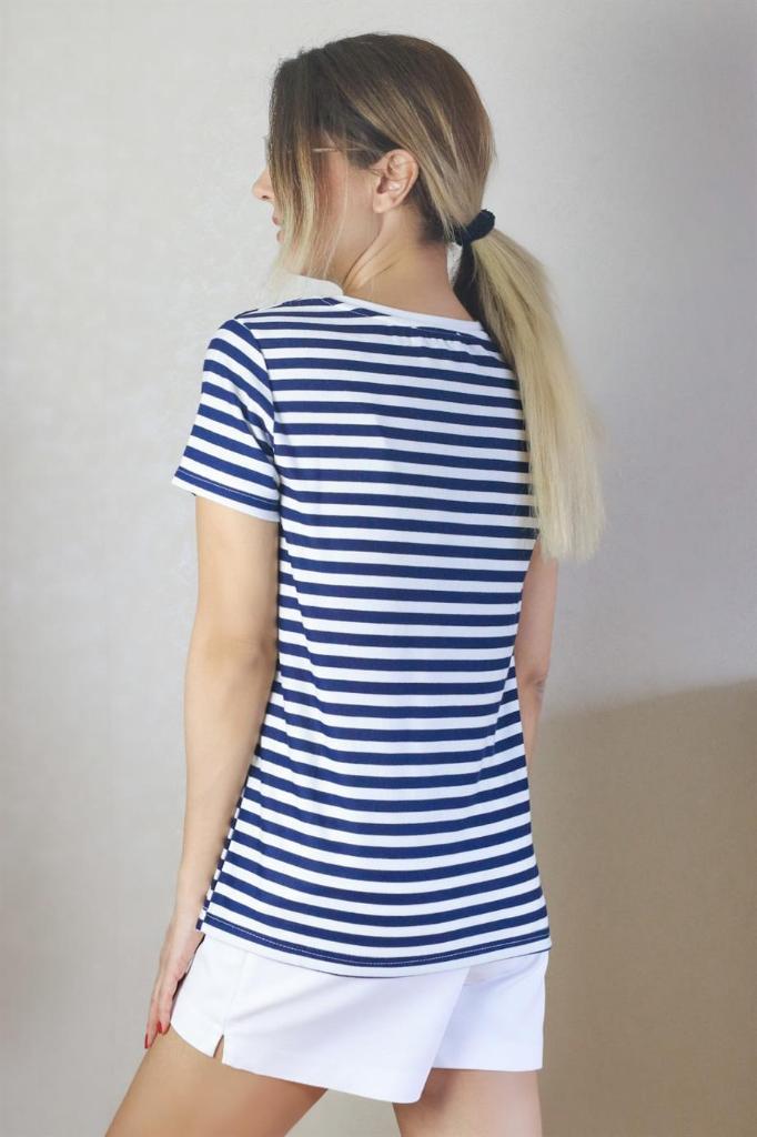 Kadın Lacivert Beyaz Çizgili Basic T-Shirt