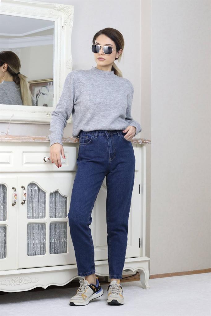 Kadın Lacivert Motto Mom Jean