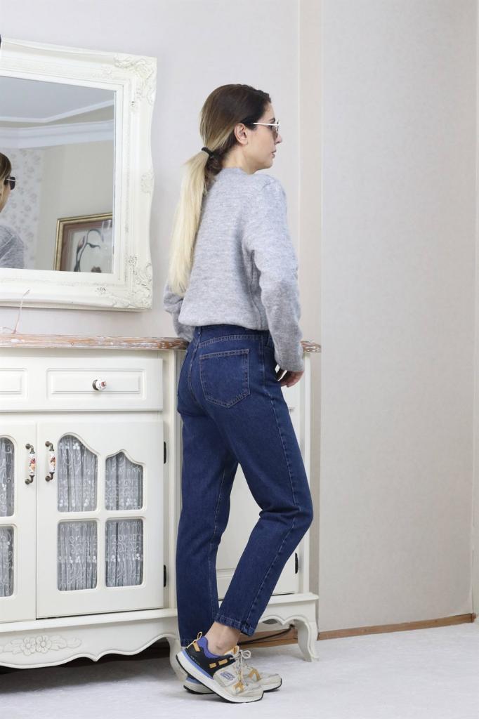Kadın Lacivert Motto Mom Jean