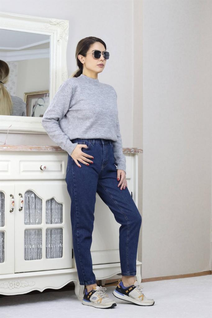 Kadın Lacivert Motto Mom Jean