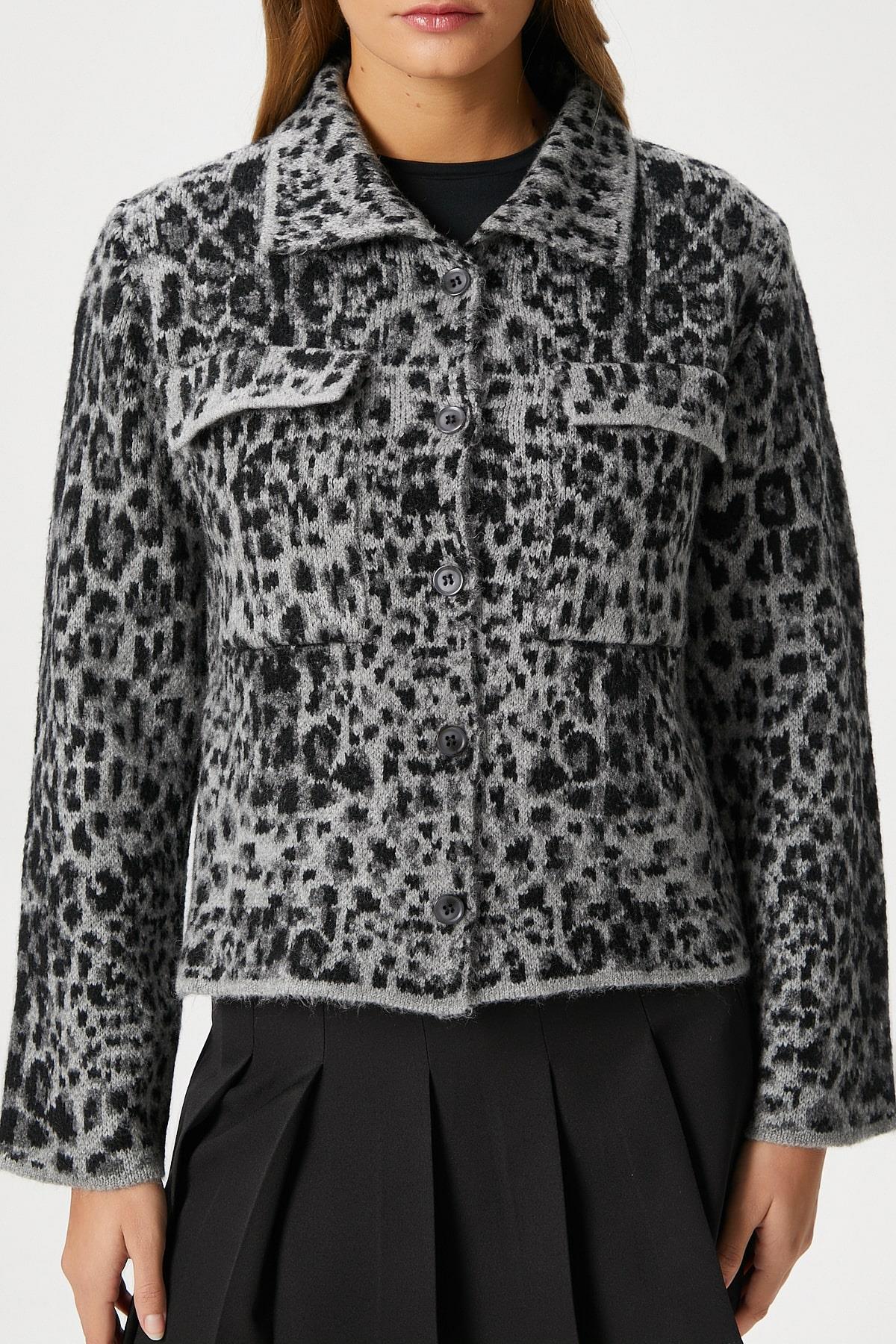 Kadın Laura Yumuşak Doku Gri Polo Yaka Cepli Triko Ceket Hırka