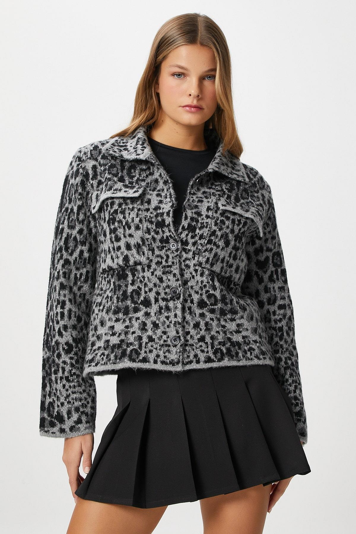 Kadın Laura Yumuşak Doku Gri Polo Yaka Cepli Triko Ceket Hırka