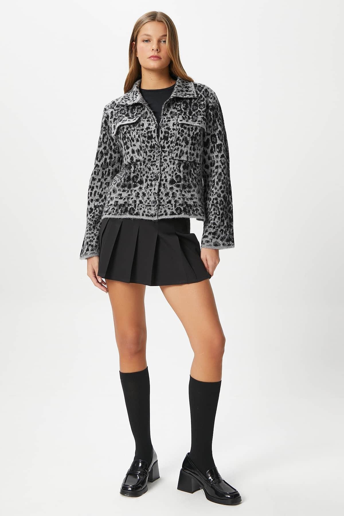 Kadın Laura Yumuşak Doku Gri Polo Yaka Cepli Triko Ceket Hırka