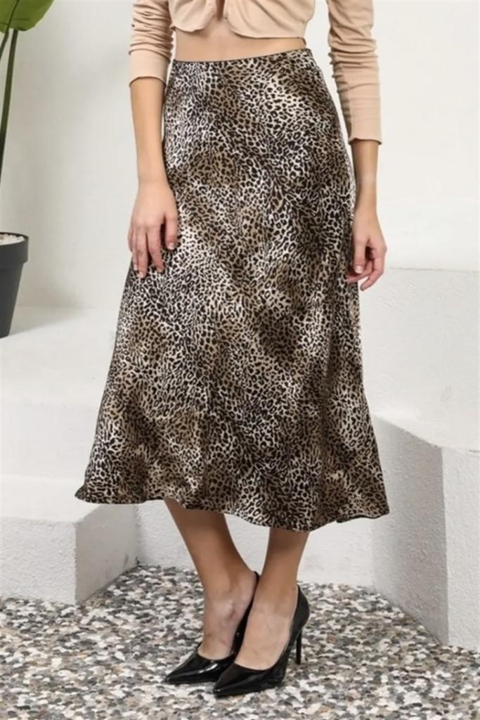 Kadın Leopar Midi Saten Etek