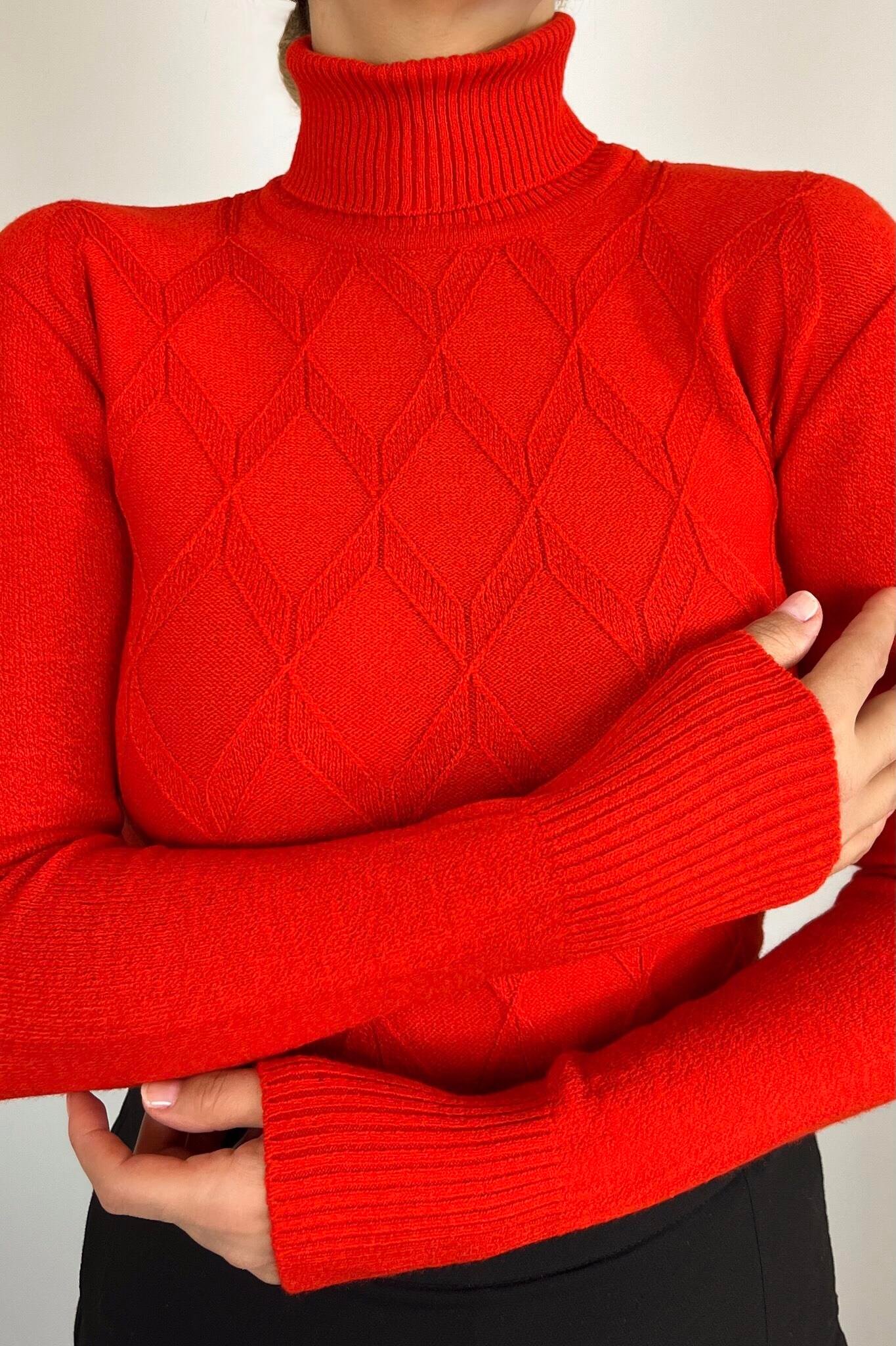 Kadın Loya Yünlü Baklava Mercan Boğazlı Triko Kazak