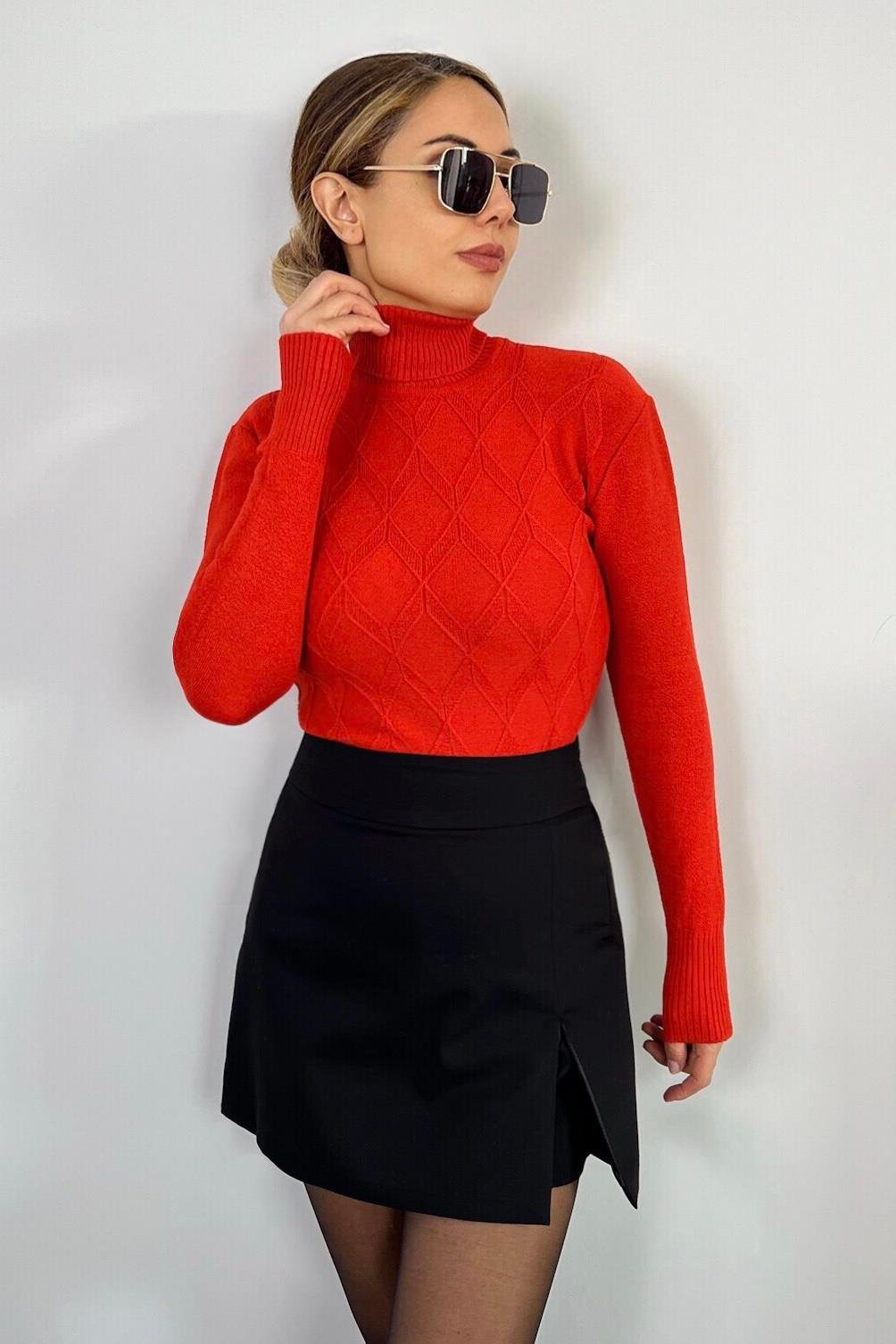 Kadın Loya Yünlü Baklava Mercan Boğazlı Triko Kazak