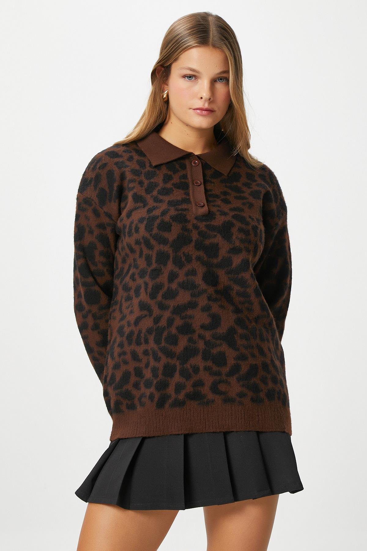 Kadın Luca Polo Yaka Kahve Siyah Şardonlu Triko Kazak