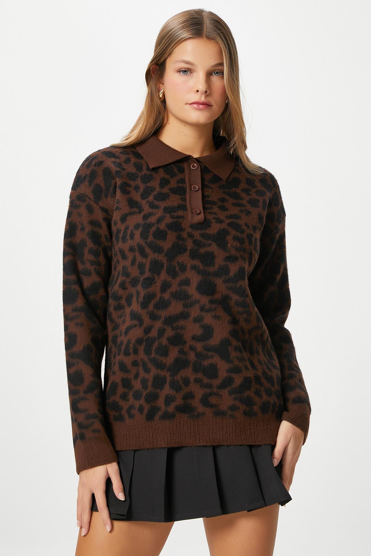 Kadın Luca Polo Yaka Kahve Siyah Şardonlu Triko Kazak