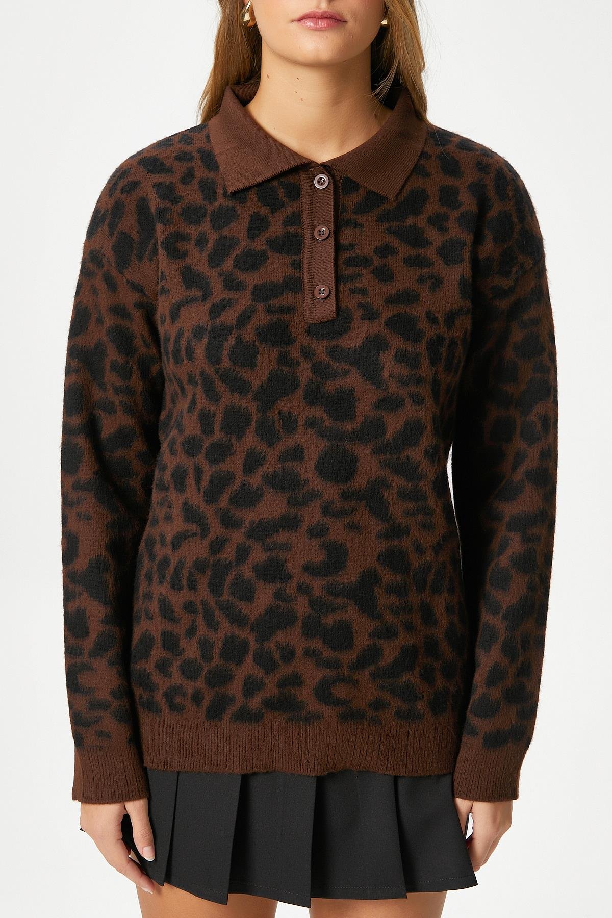 Kadın Luca Polo Yaka Kahve Siyah Şardonlu Triko Kazak