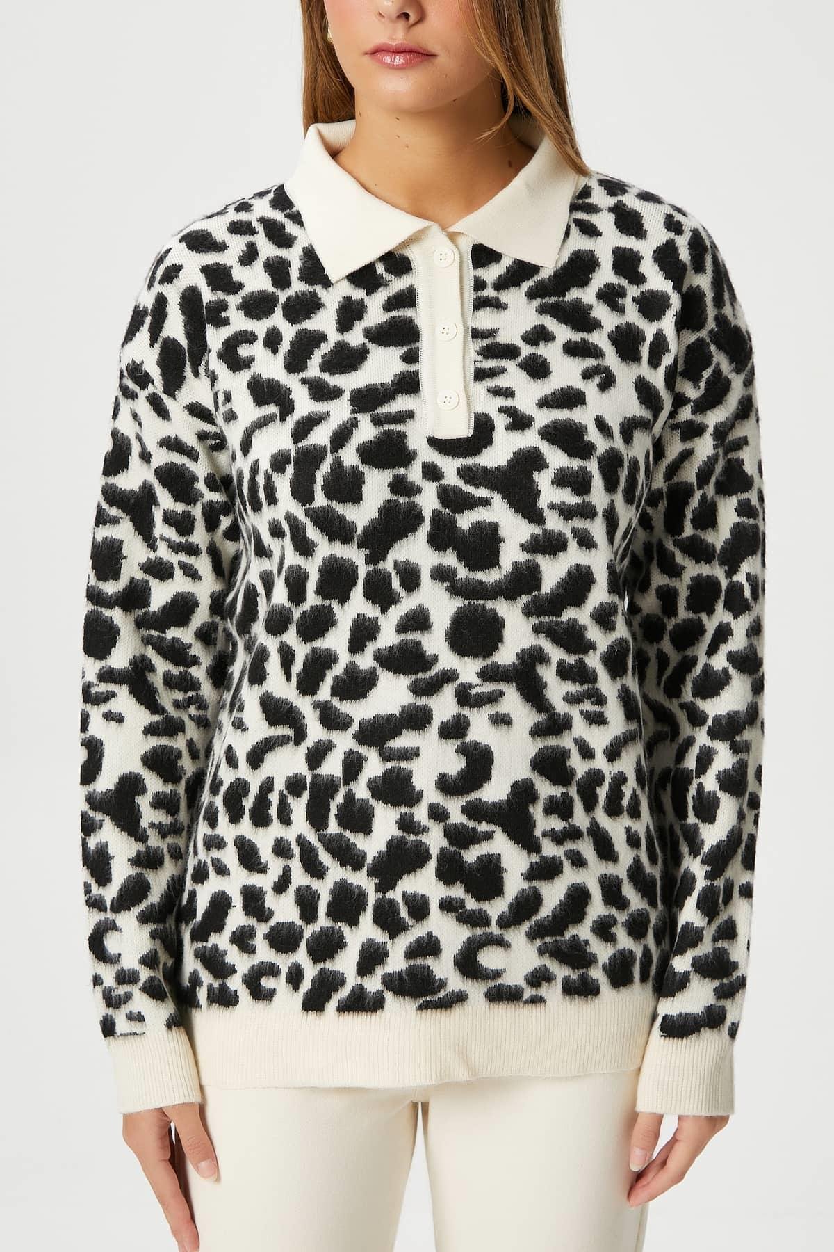 Kadın Luca Polo Yaka Siyah Beyaz Şardonlu Triko Kazak