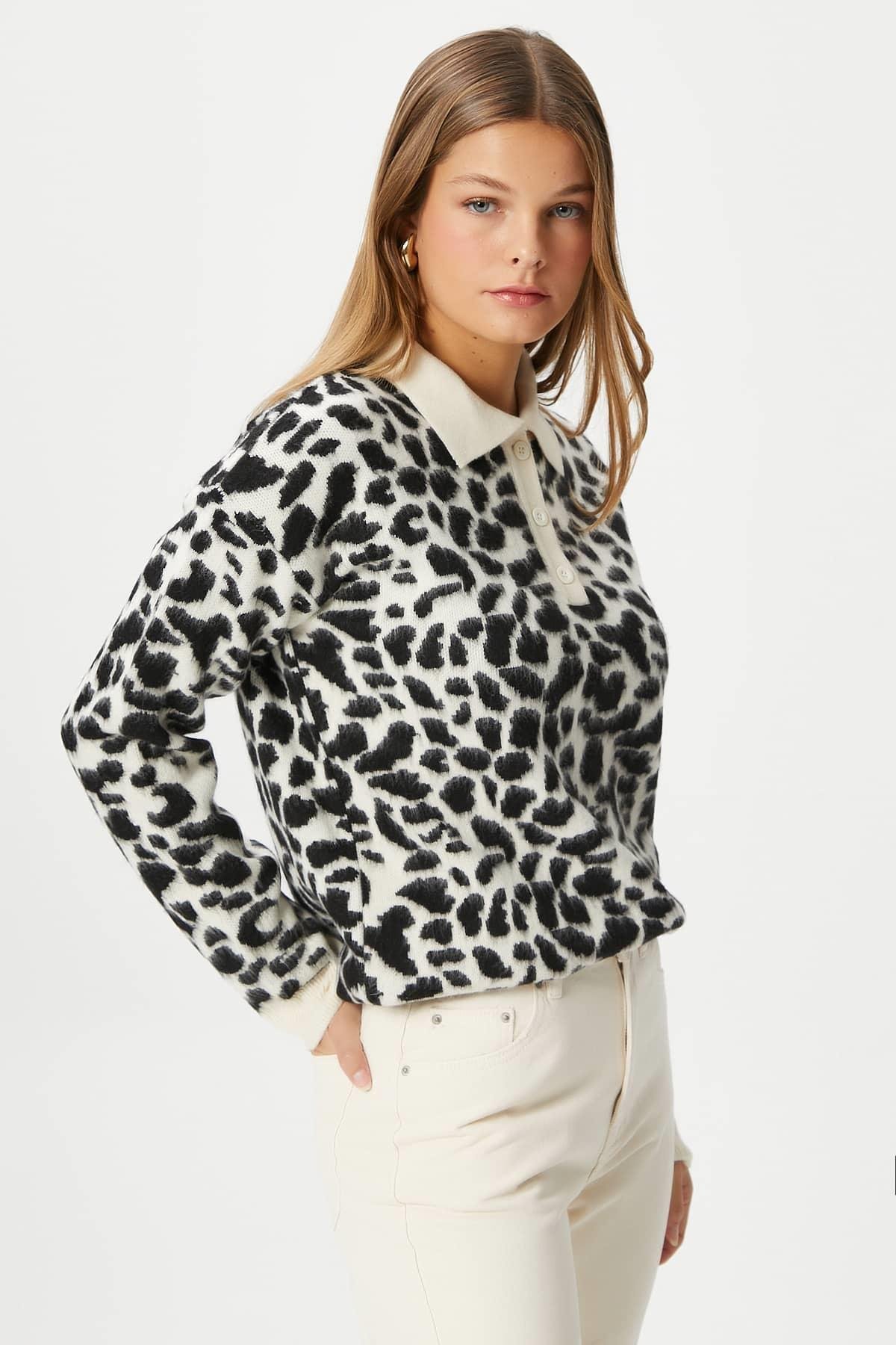 Kadın Luca Polo Yaka Siyah Beyaz Şardonlu Triko Kazak