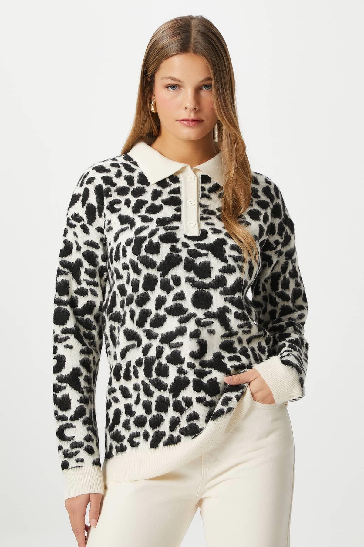 Kadın Luca Polo Yaka Siyah Beyaz Şardonlu Triko Kazak