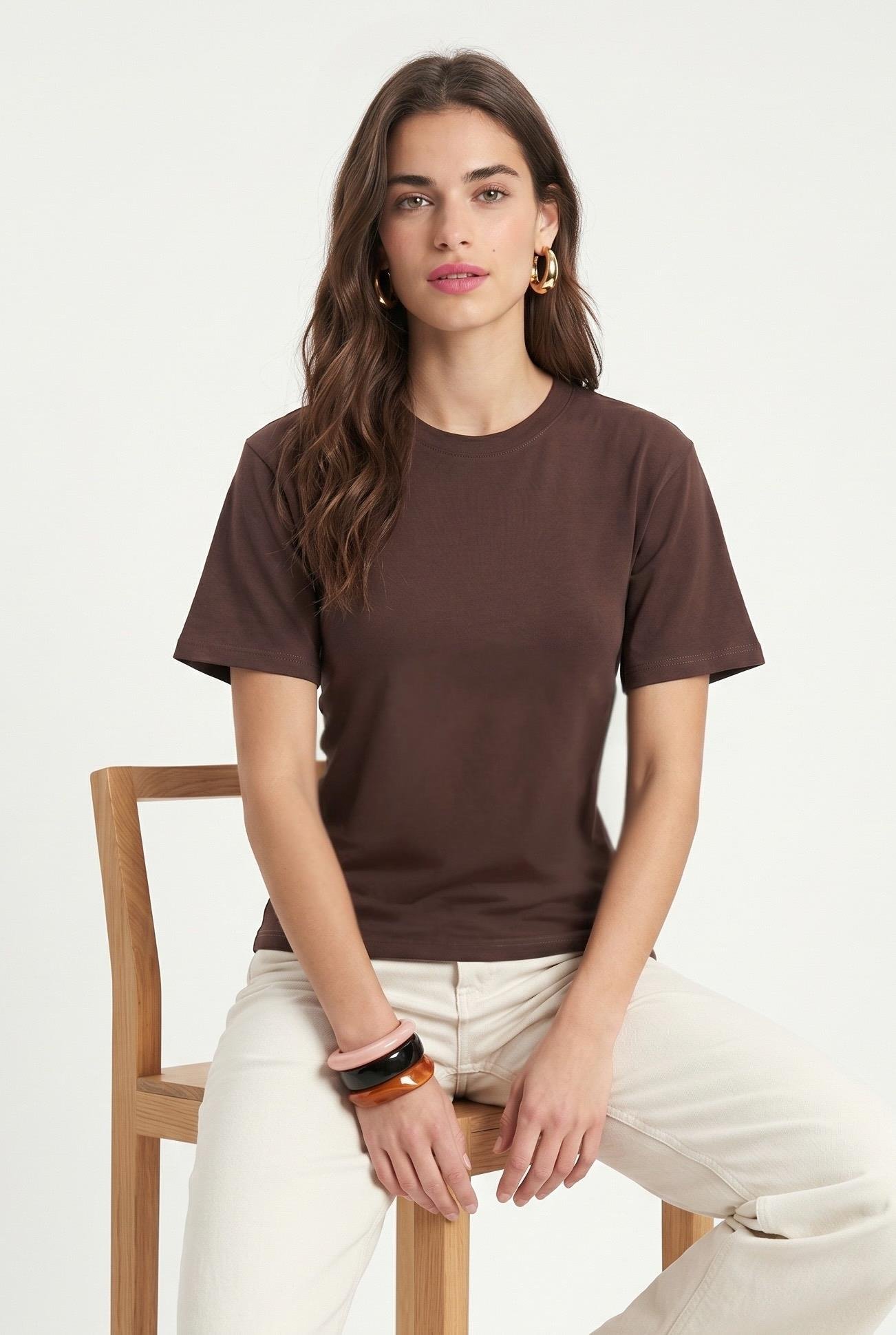 Kadın Luma Belden Oturan Bağcıklı Ayarlanabilir Pamuk Kahverengi T-shirt / Bluz