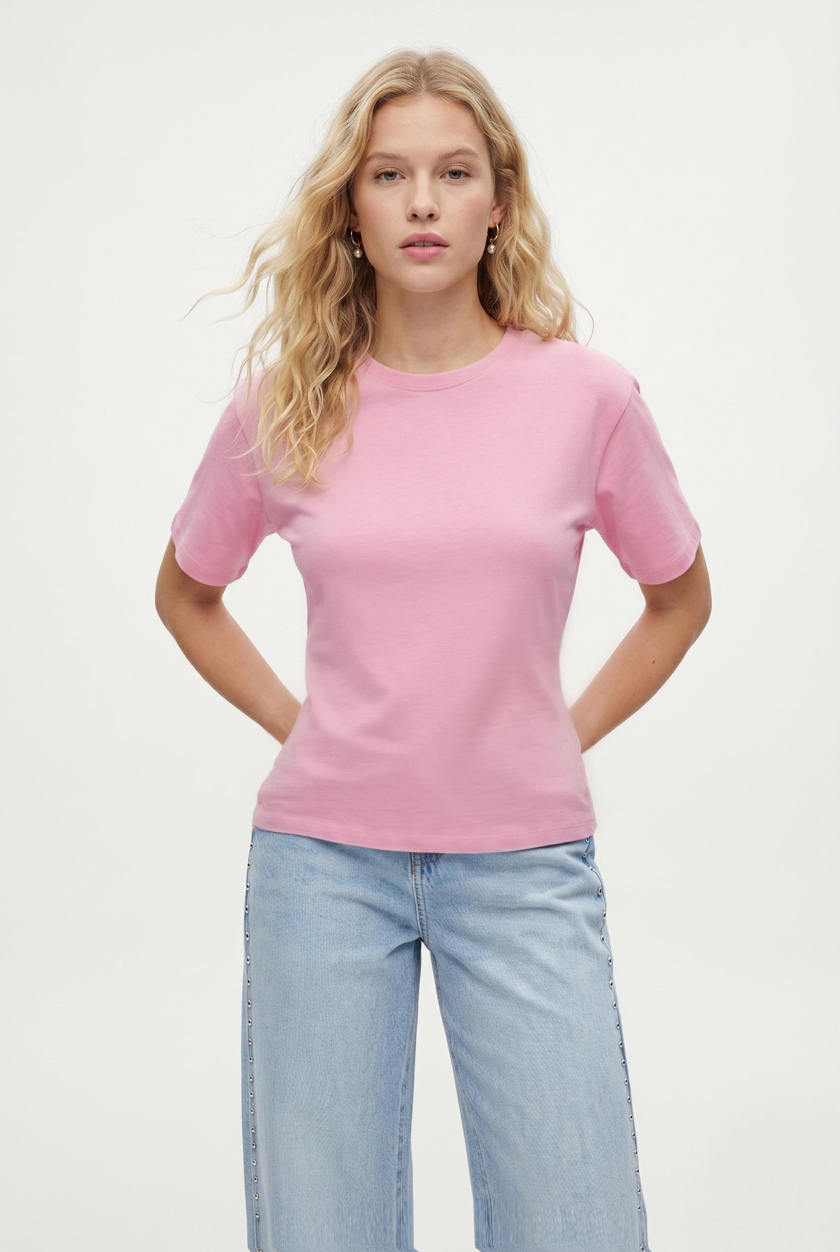 Kadın Luma Belden Oturan Bağcıklı Ayarlanabilir Pamuk Pembe T-shirt / Bluz