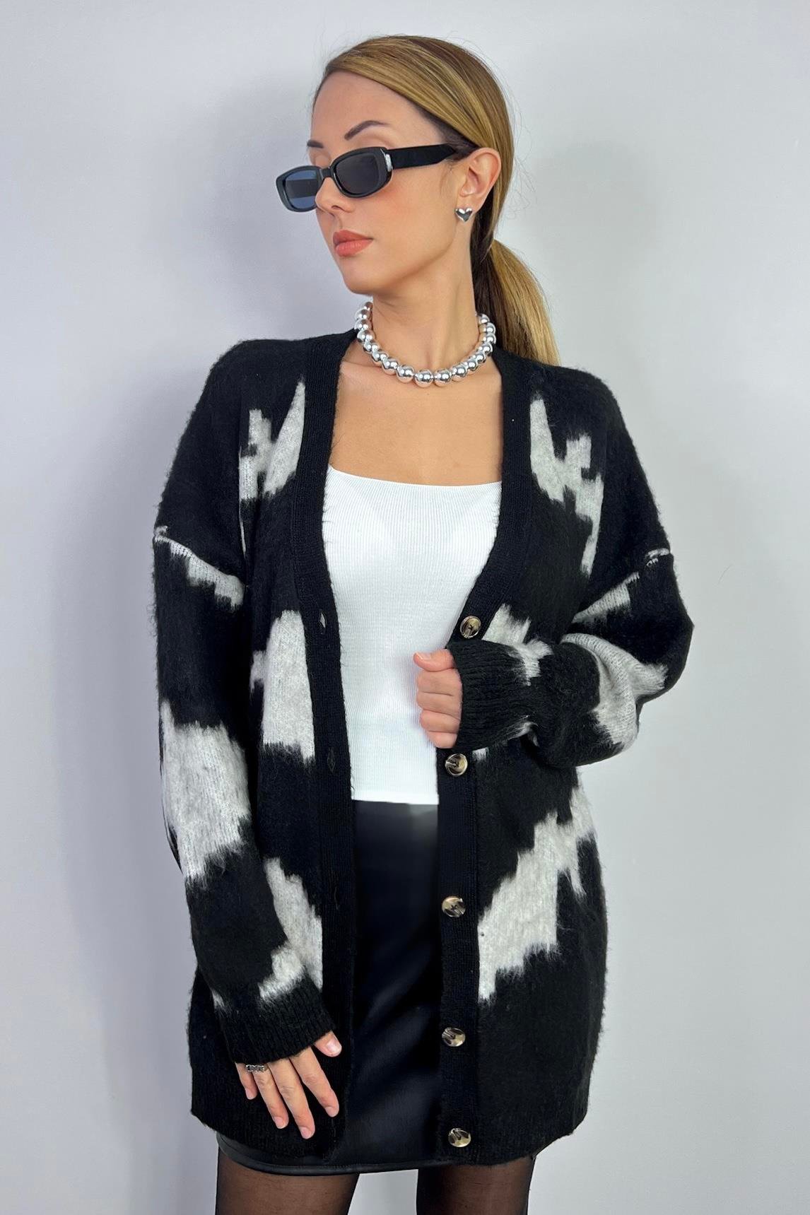Kadın Mabel Yumuşak Doku Siyah Beyaz Oversize Hırka