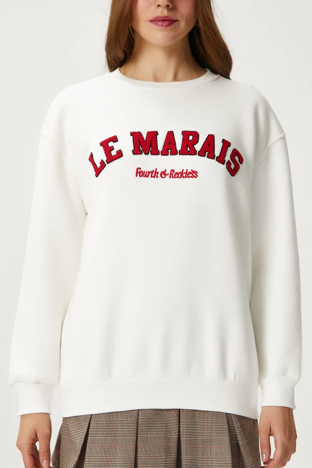 Kadın Marais Ekru Kırmızı Nakışlı Oversize Sweatshirt