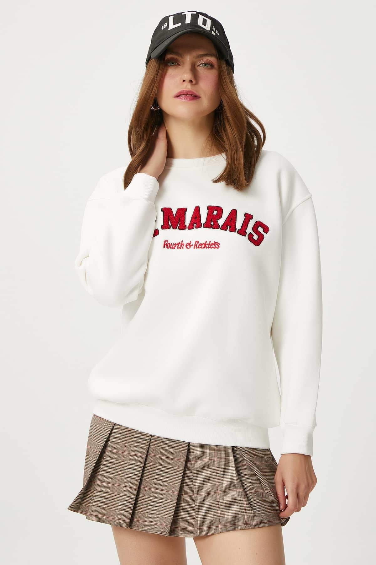 Kadın Marais Ekru Kırmızı Nakışlı Oversize Sweatshirt
