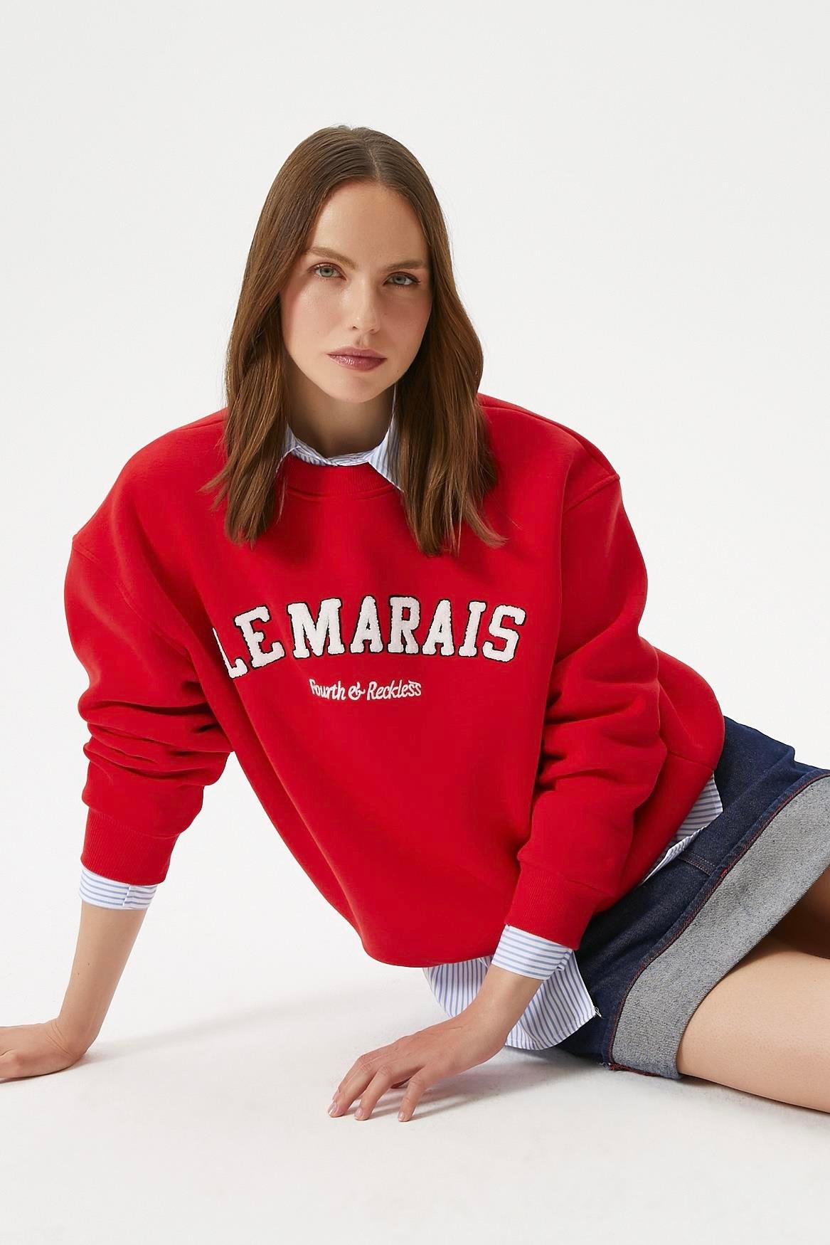 Kadın Marais Kırmızı Nakışlı Oversize Sweatshirt