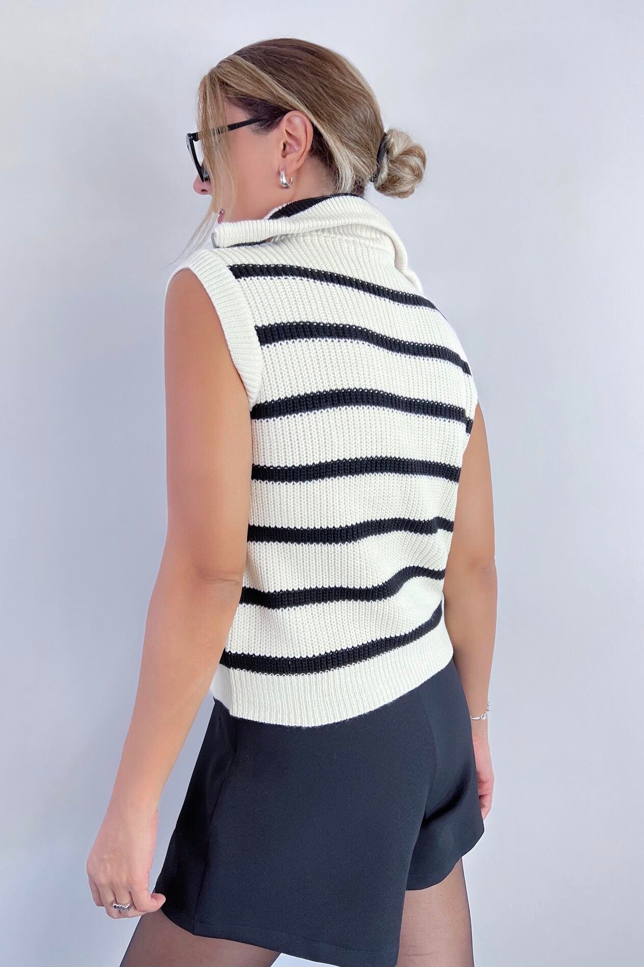 Kadın Marin Krem Çizgili Polo Yaka Fermuarlı Triko Süveter