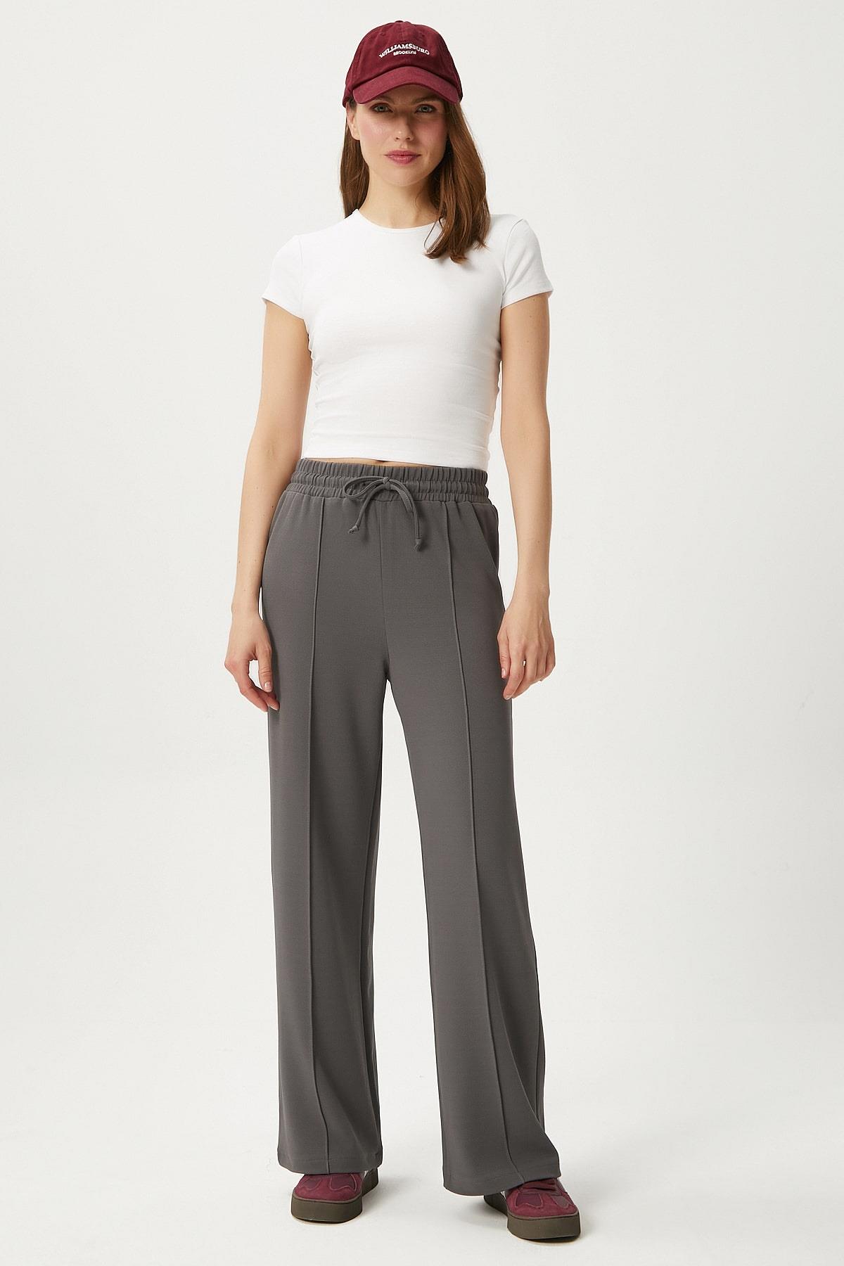 Kadın Moment Bağcıklı Likralı Bel Lastikli Antrasit Palazzo Pantolon