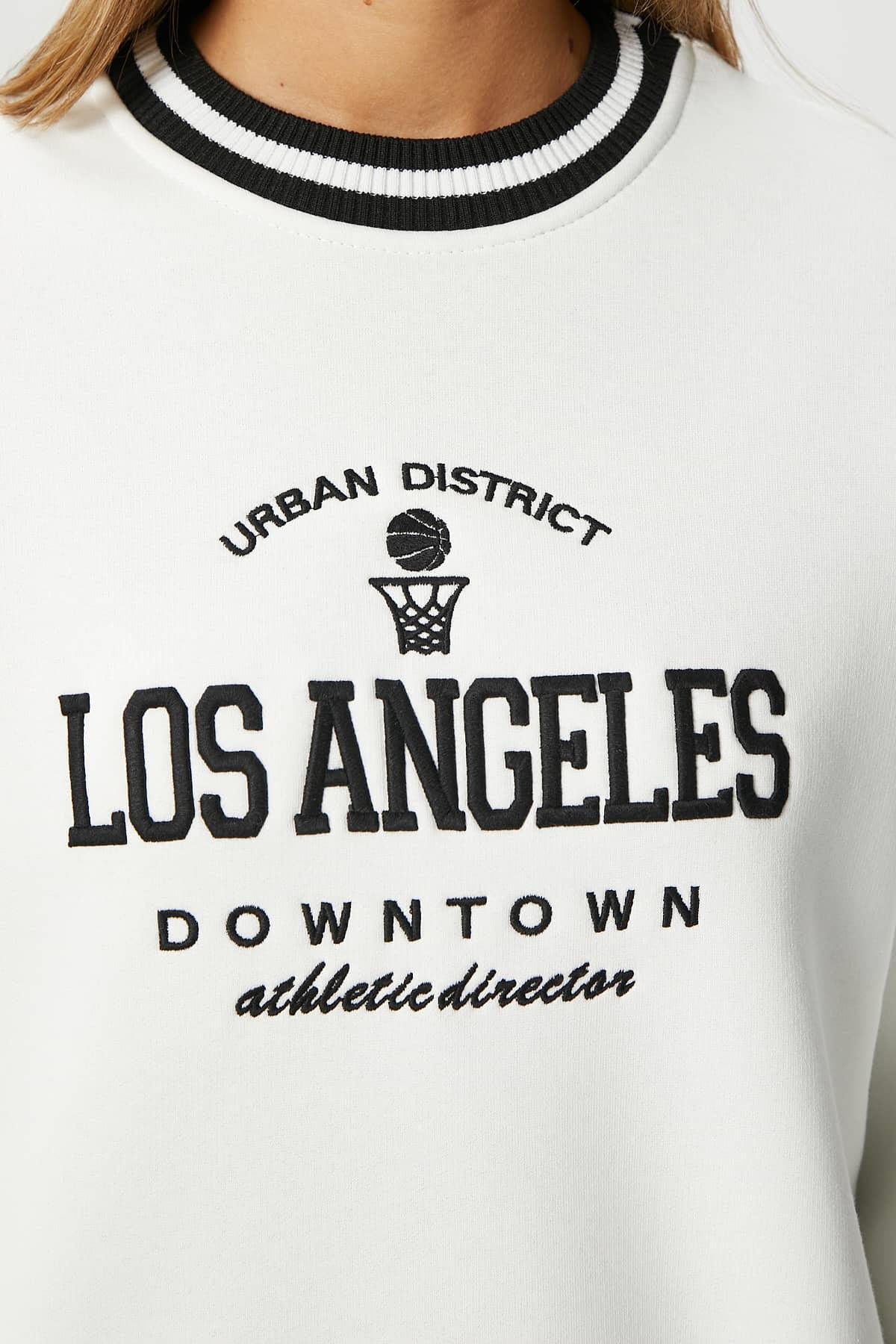 Kadın Nakışlı Los Angeles İçi Polarlı Ekru Oversize Sweatshirt