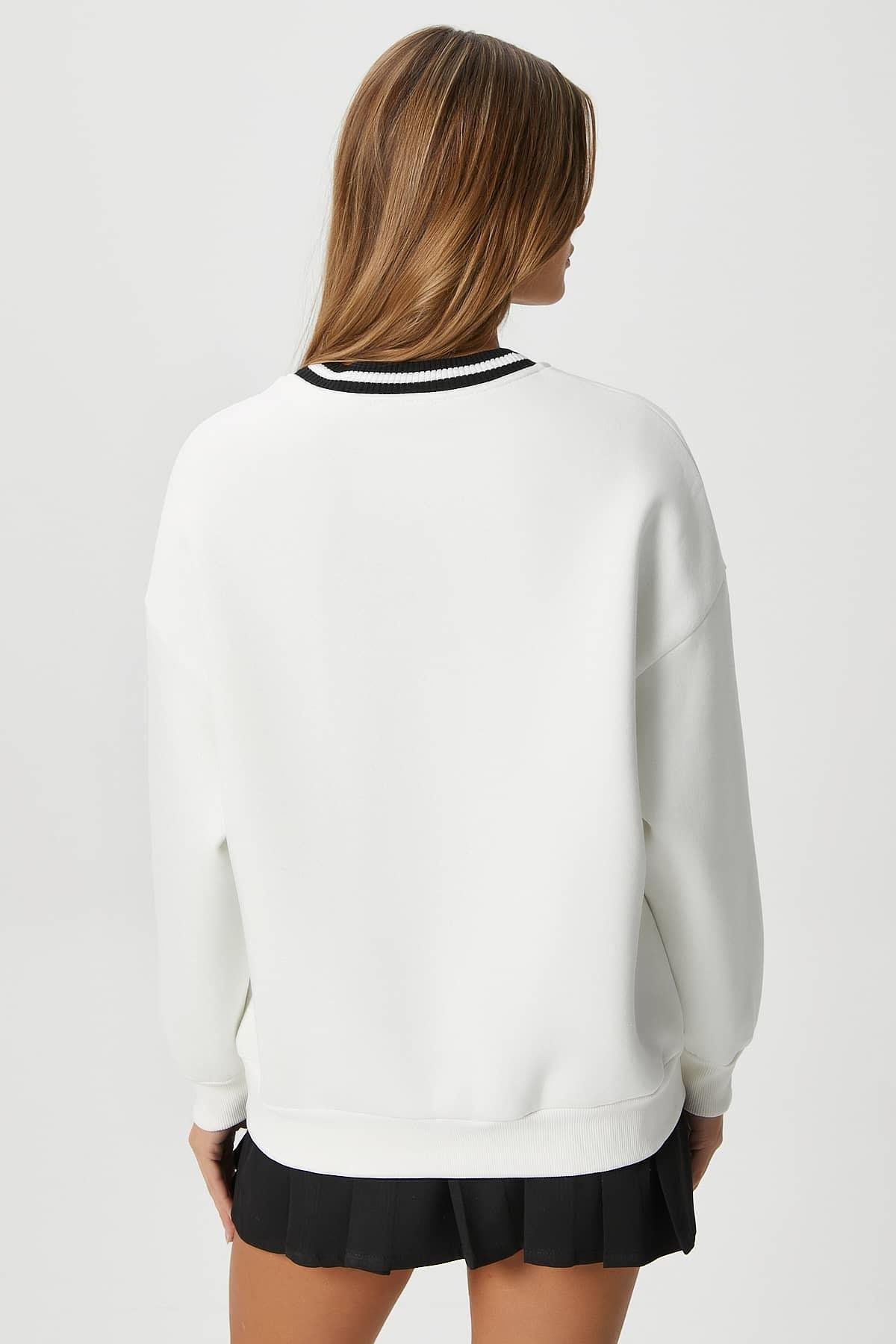 Kadın Nakışlı Los Angeles İçi Polarlı Ekru Oversize Sweatshirt