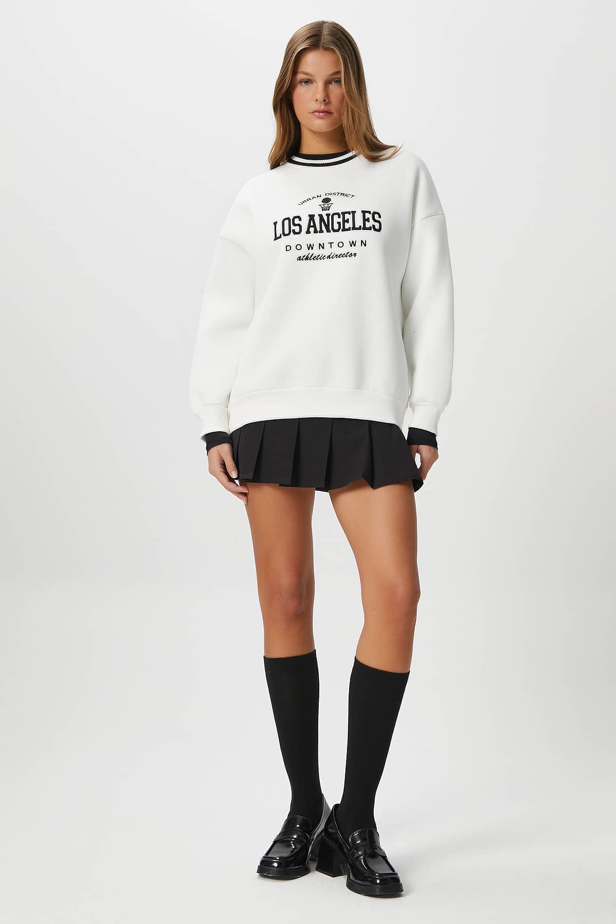Kadın Nakışlı Los Angeles İçi Polarlı Ekru Oversize Sweatshirt