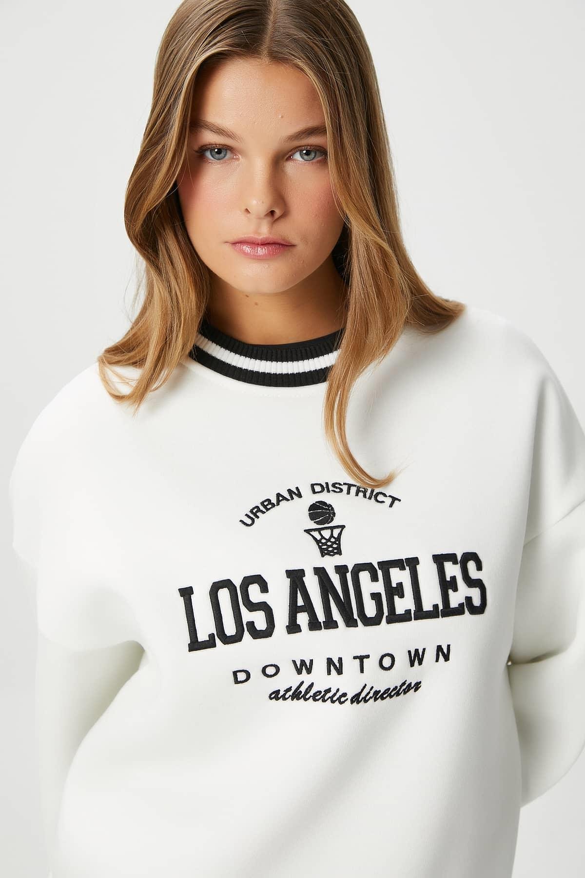 Kadın Nakışlı Los Angeles İçi Polarlı Ekru Oversize Sweatshirt