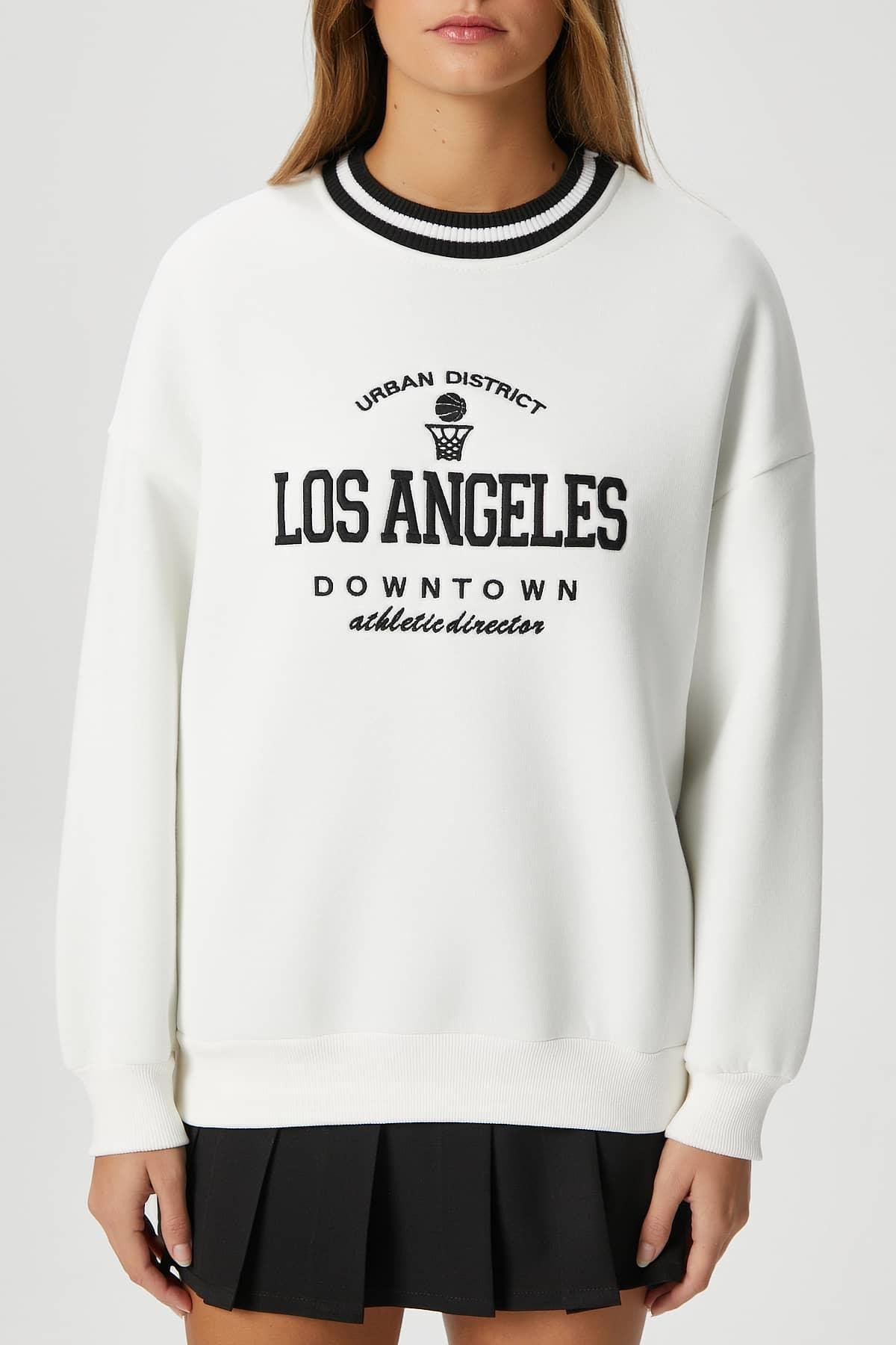 Kadın Nakışlı Los Angeles İçi Polarlı Ekru Oversize Sweatshirt
