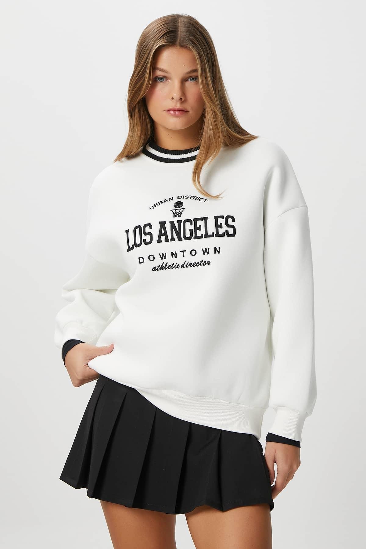 Kadın Nakışlı Los Angeles İçi Polarlı Ekru Oversize Sweatshirt