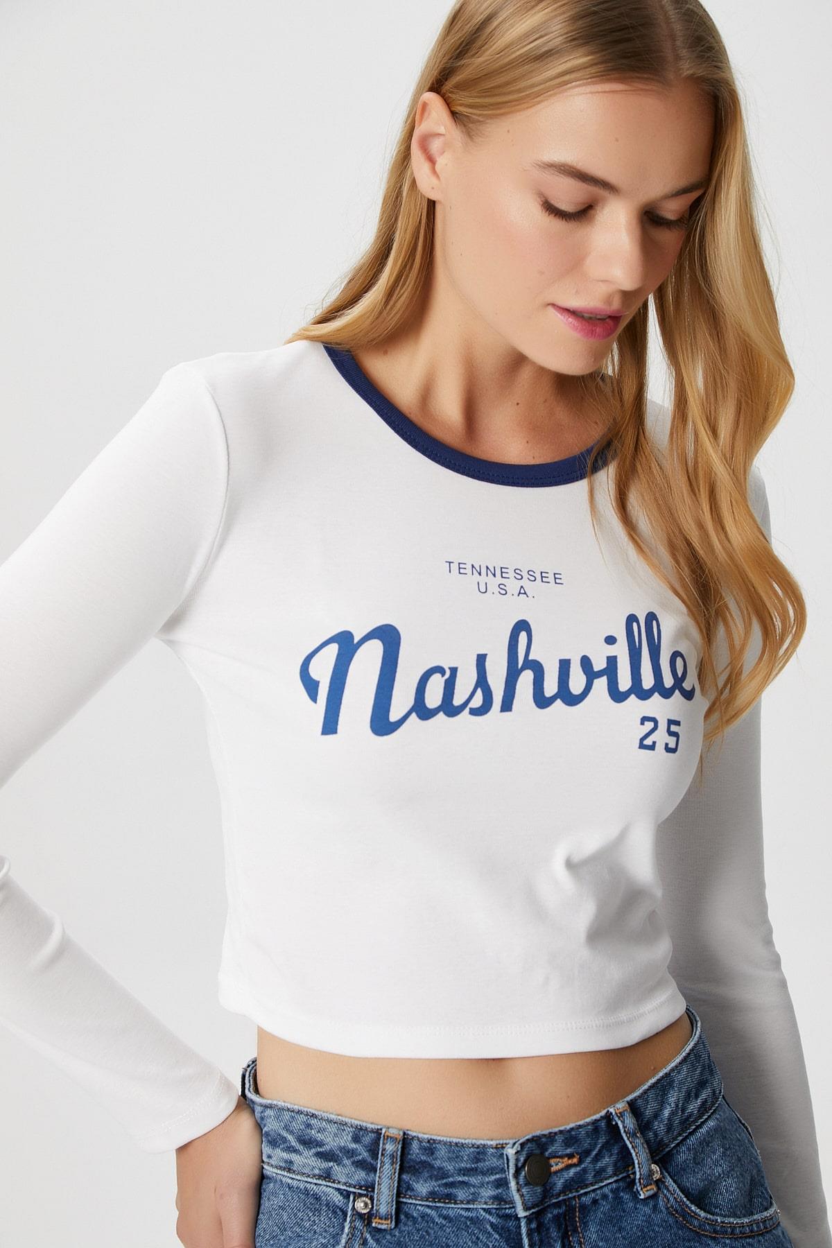 Kadın Nash Beyaz Pamuk Slogan Baskılı Bluz