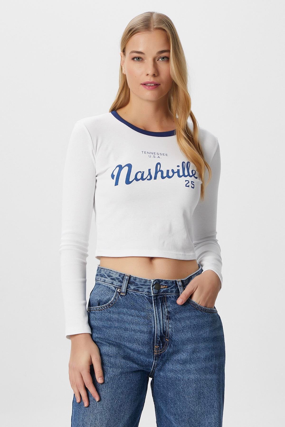 Kadın Nash Beyaz Pamuk Slogan Baskılı Bluz