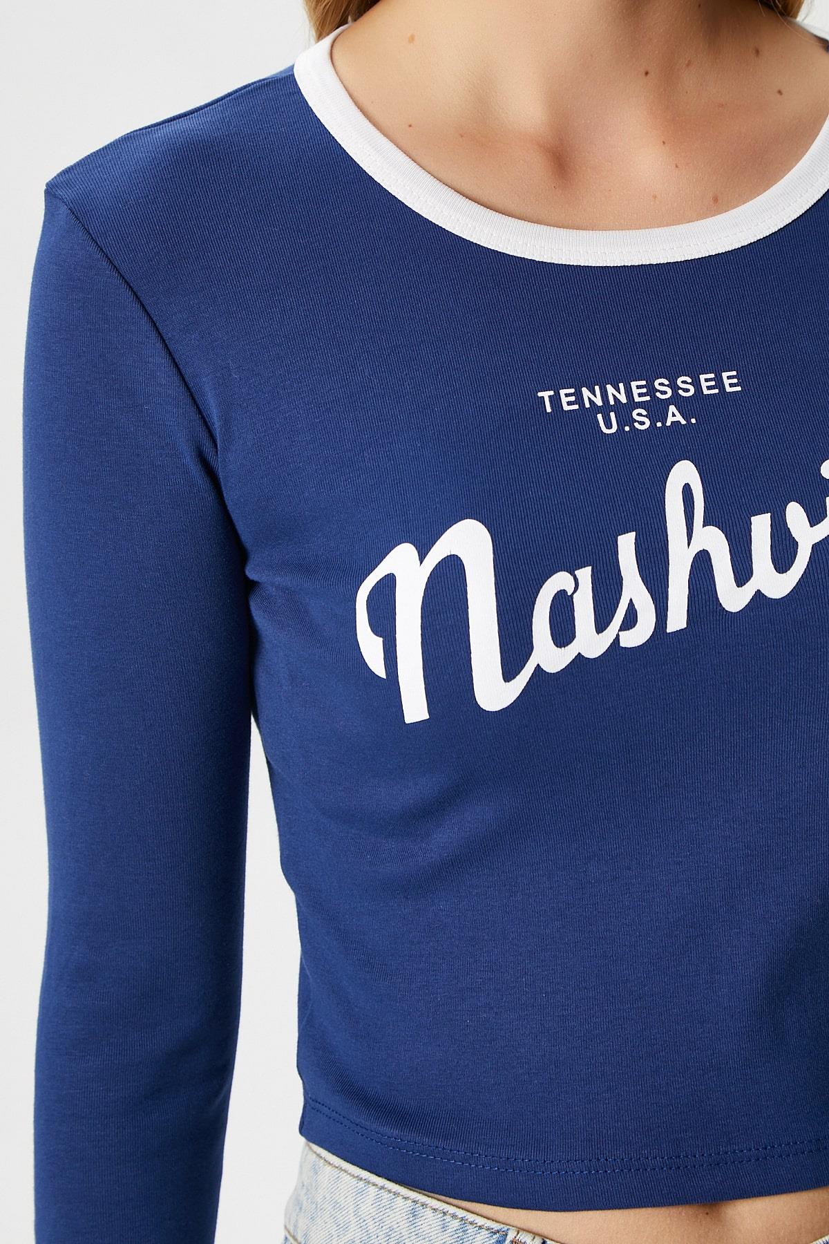 Kadın Nash Lacivert Pamuk Slogan Baskılı Bluz