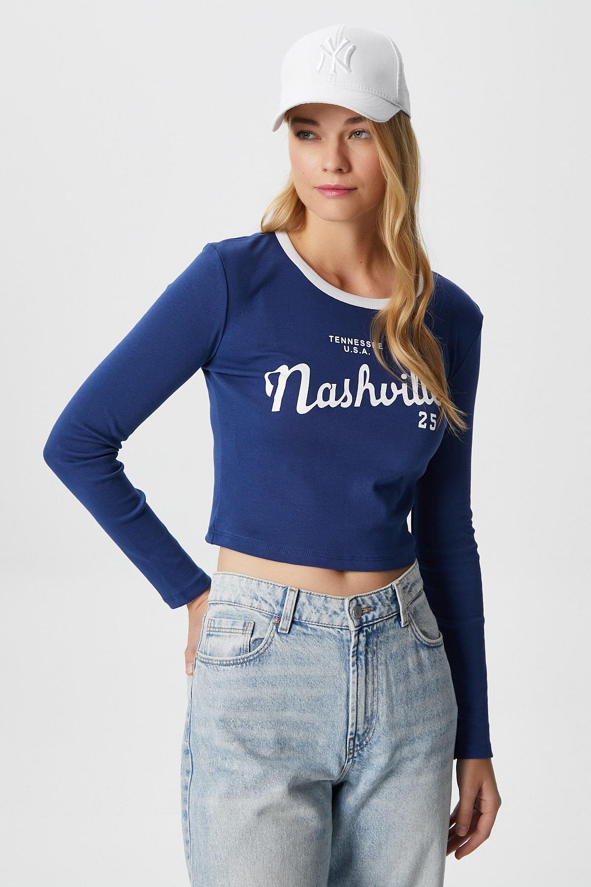 Kadın Nash Lacivert Pamuk Slogan Baskılı Bluz