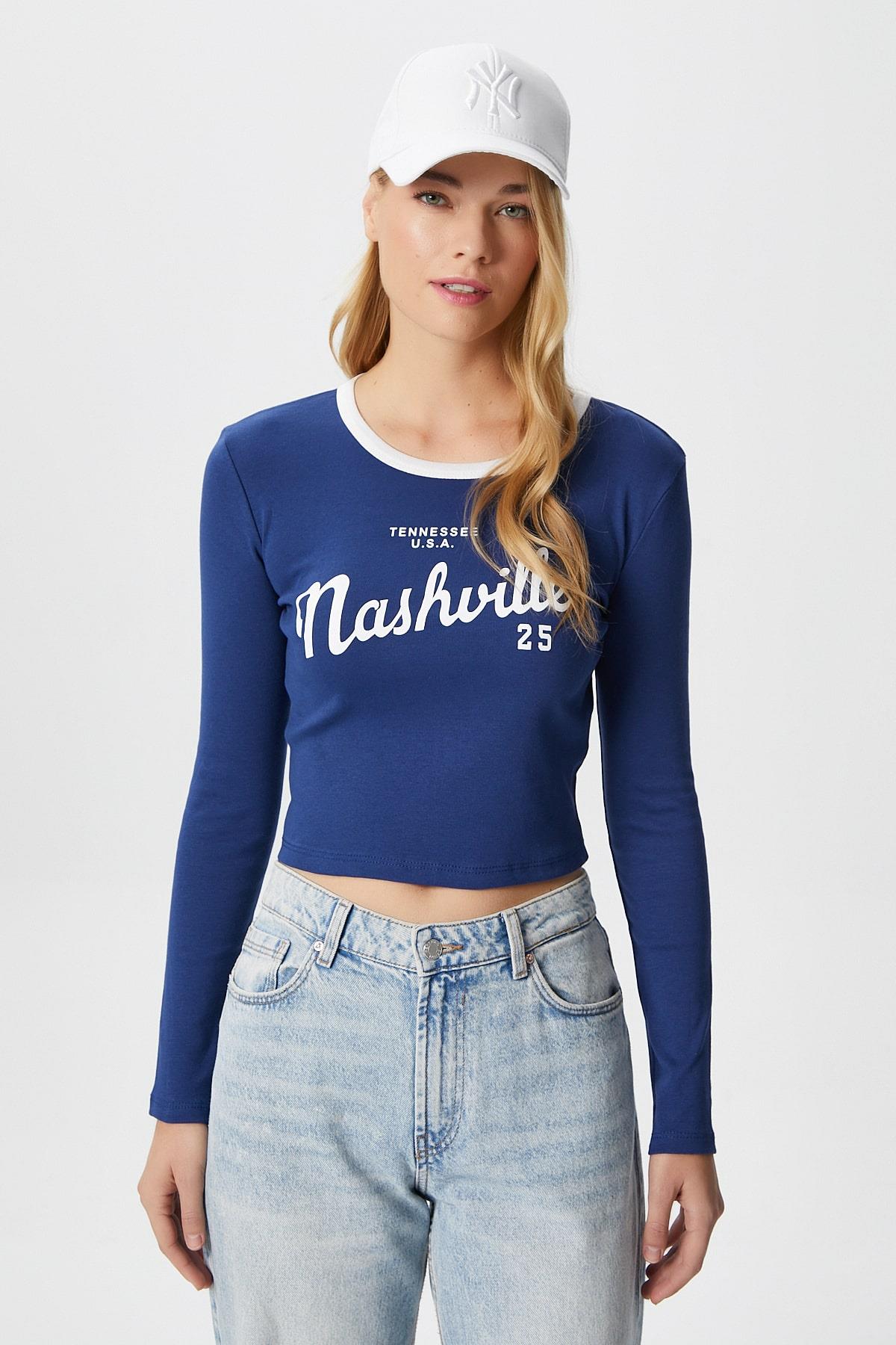 Kadın Nash Lacivert Pamuk Slogan Baskılı Bluz