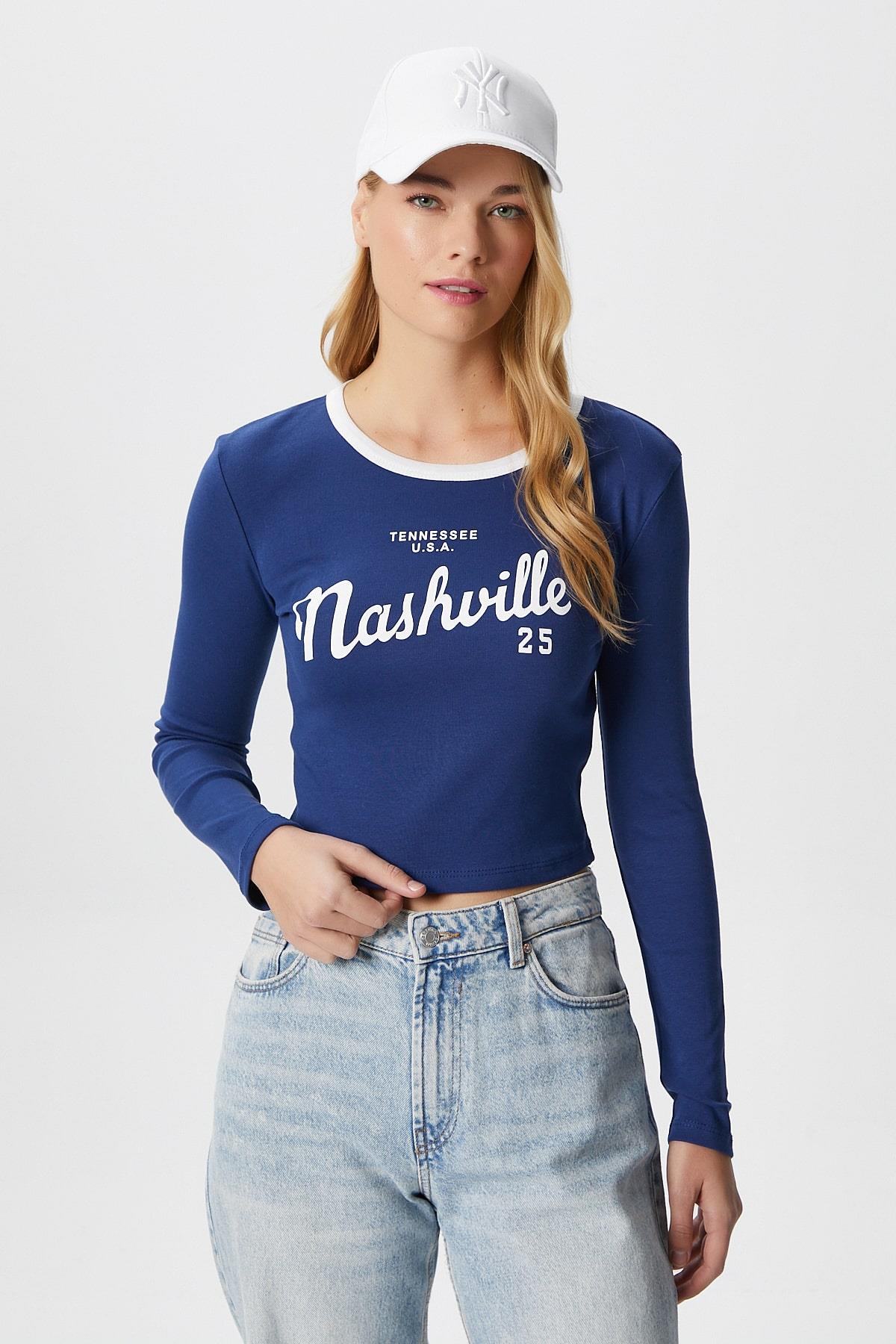 Kadın Nash Lacivert Pamuk Slogan Baskılı Bluz