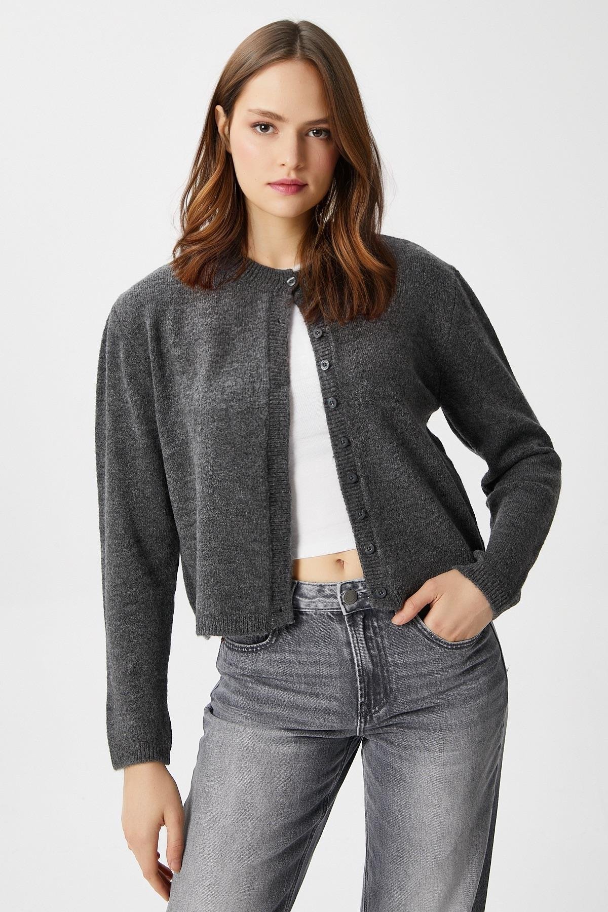 Kadın Nina Bisiklet Yaka Antrasit Basic Hırka