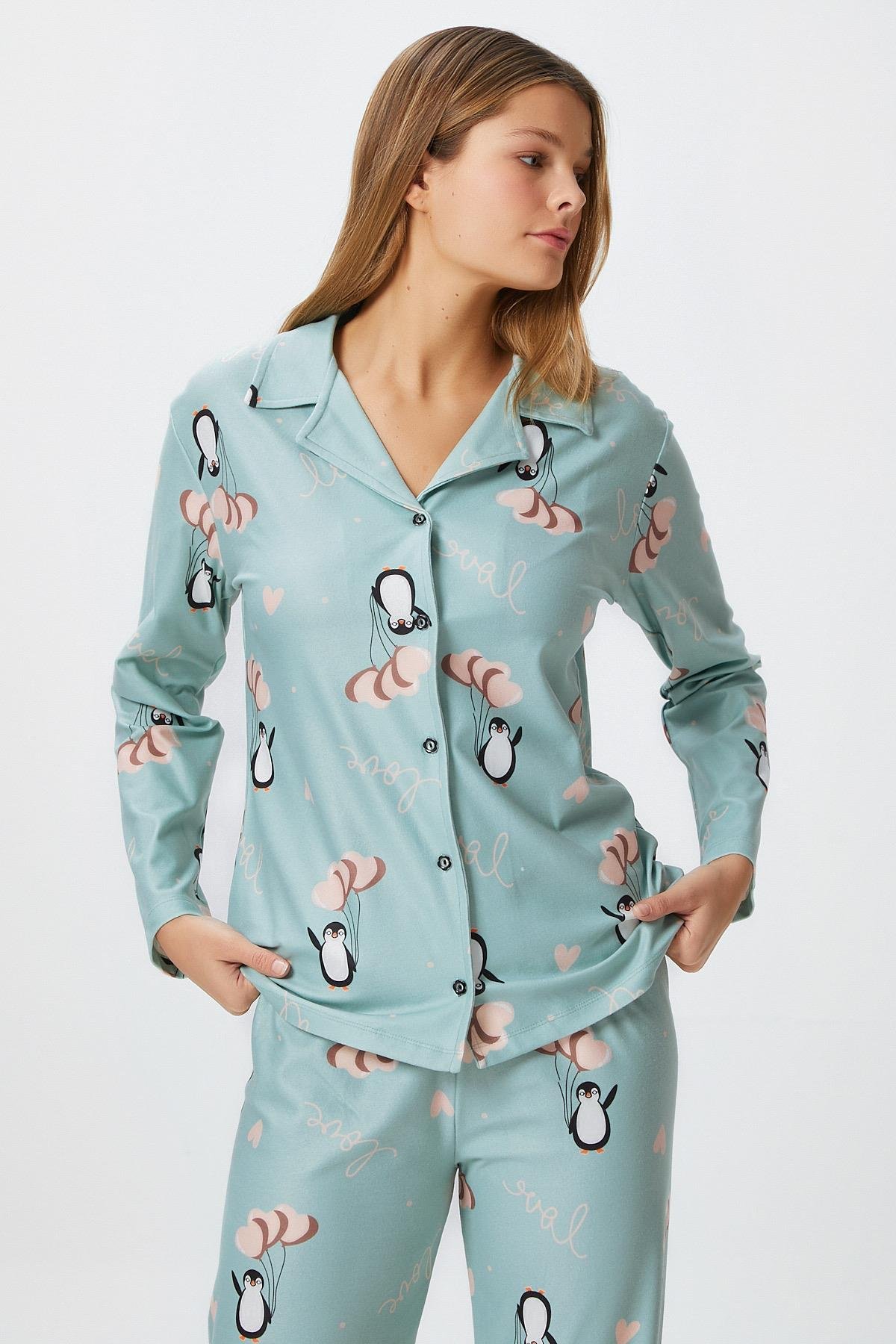 Kadın Nora Premium Mint Penguen Süet Doku Düğmeli Yılbaşı Pijama Takımı